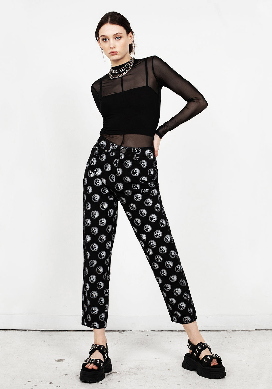 Black Denim Mom Jeans with Yin Yang Print | Karma