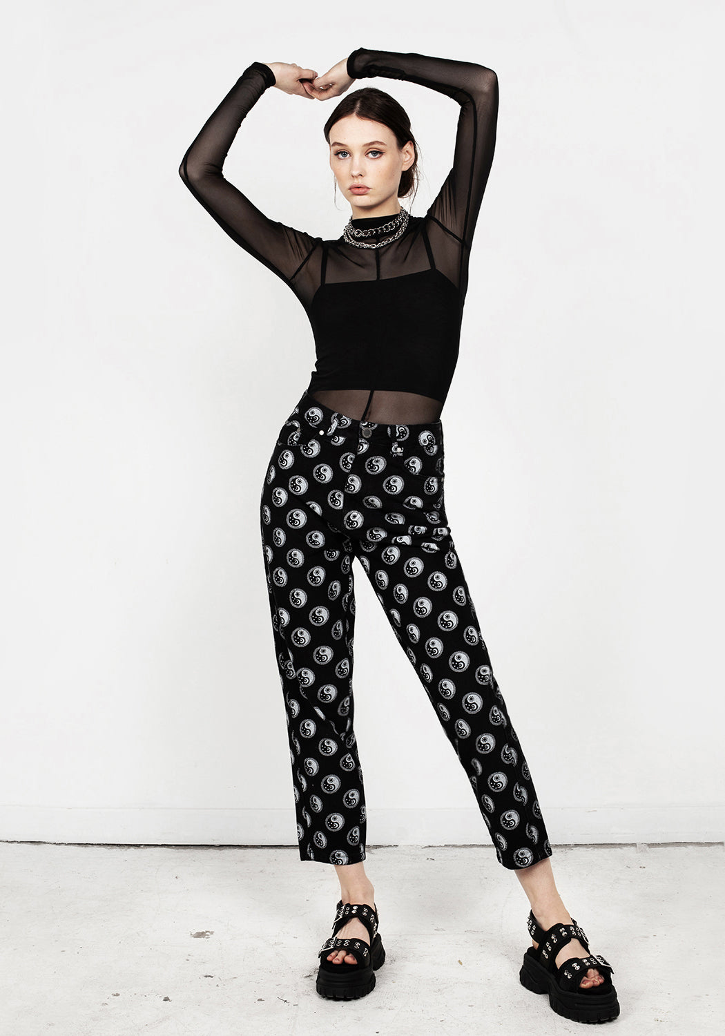 Black Denim Mom Jeans with Yin Yang Print | Karma