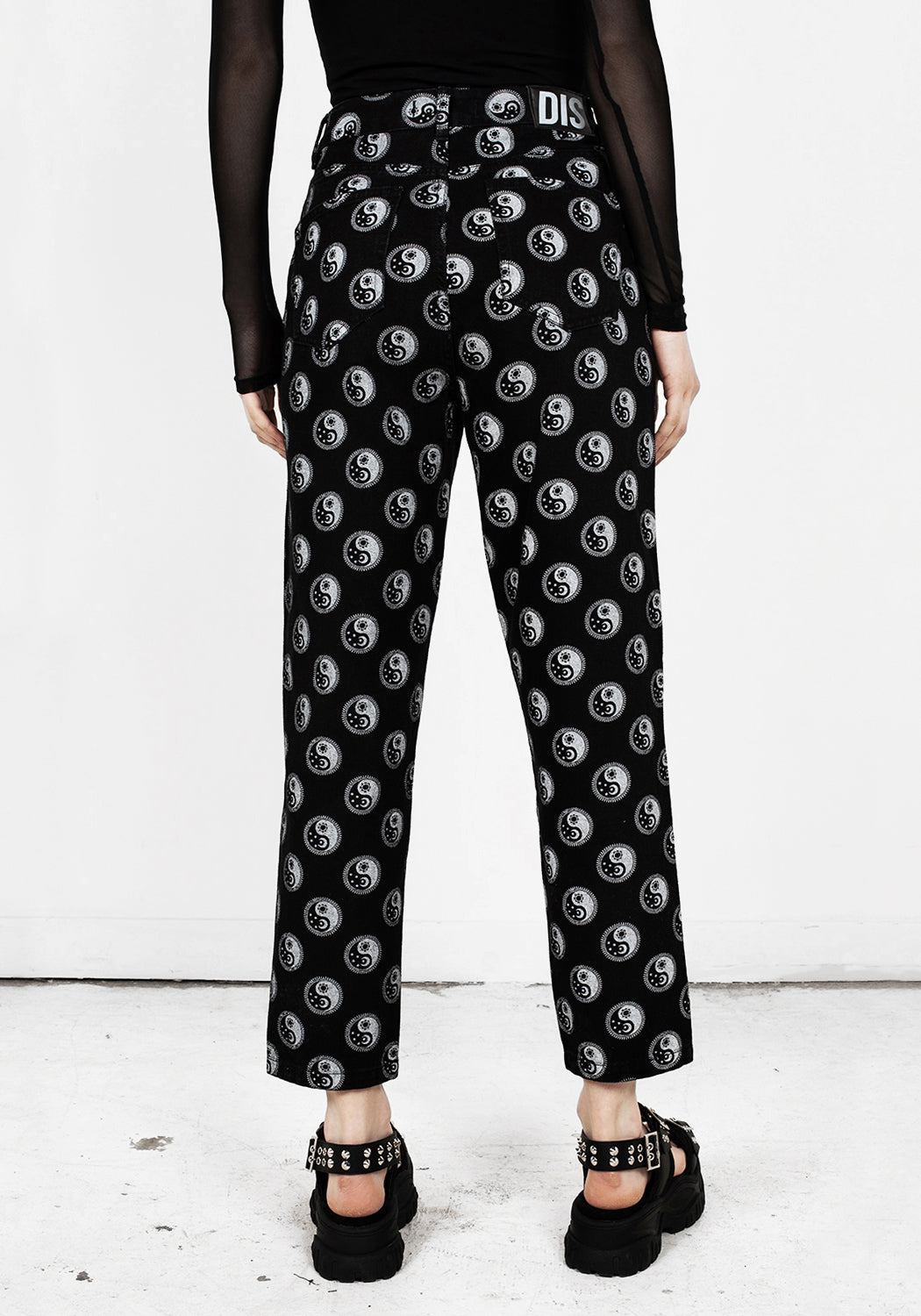 Black Denim Mom Jeans with Yin Yang Print | Karma