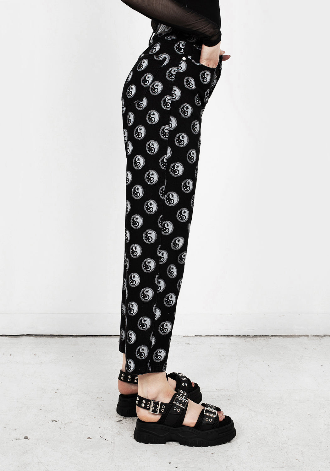 Black Denim Mom Jeans with Yin Yang Print | Karma