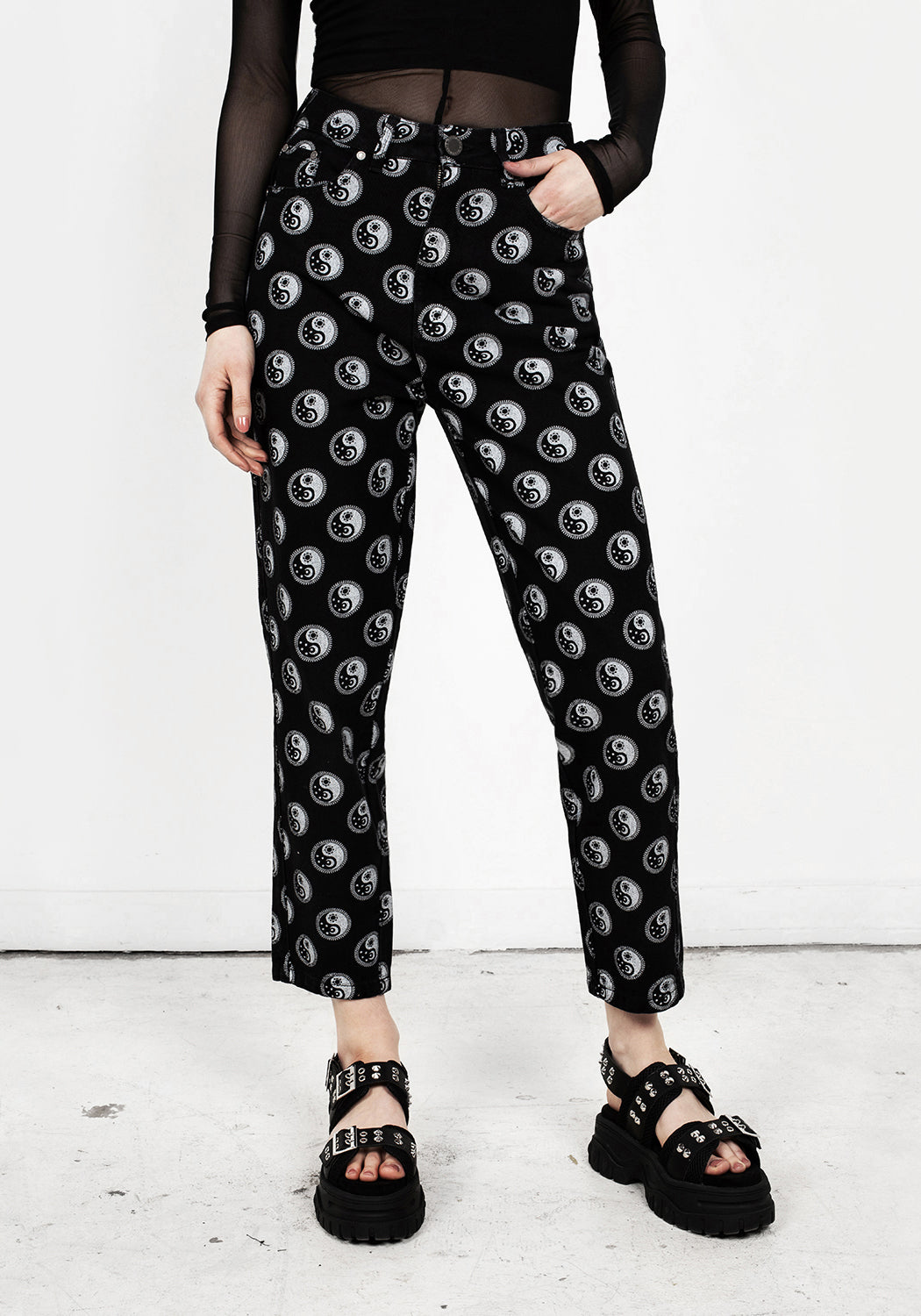 Black Denim Mom Jeans with Yin Yang Print | Karma