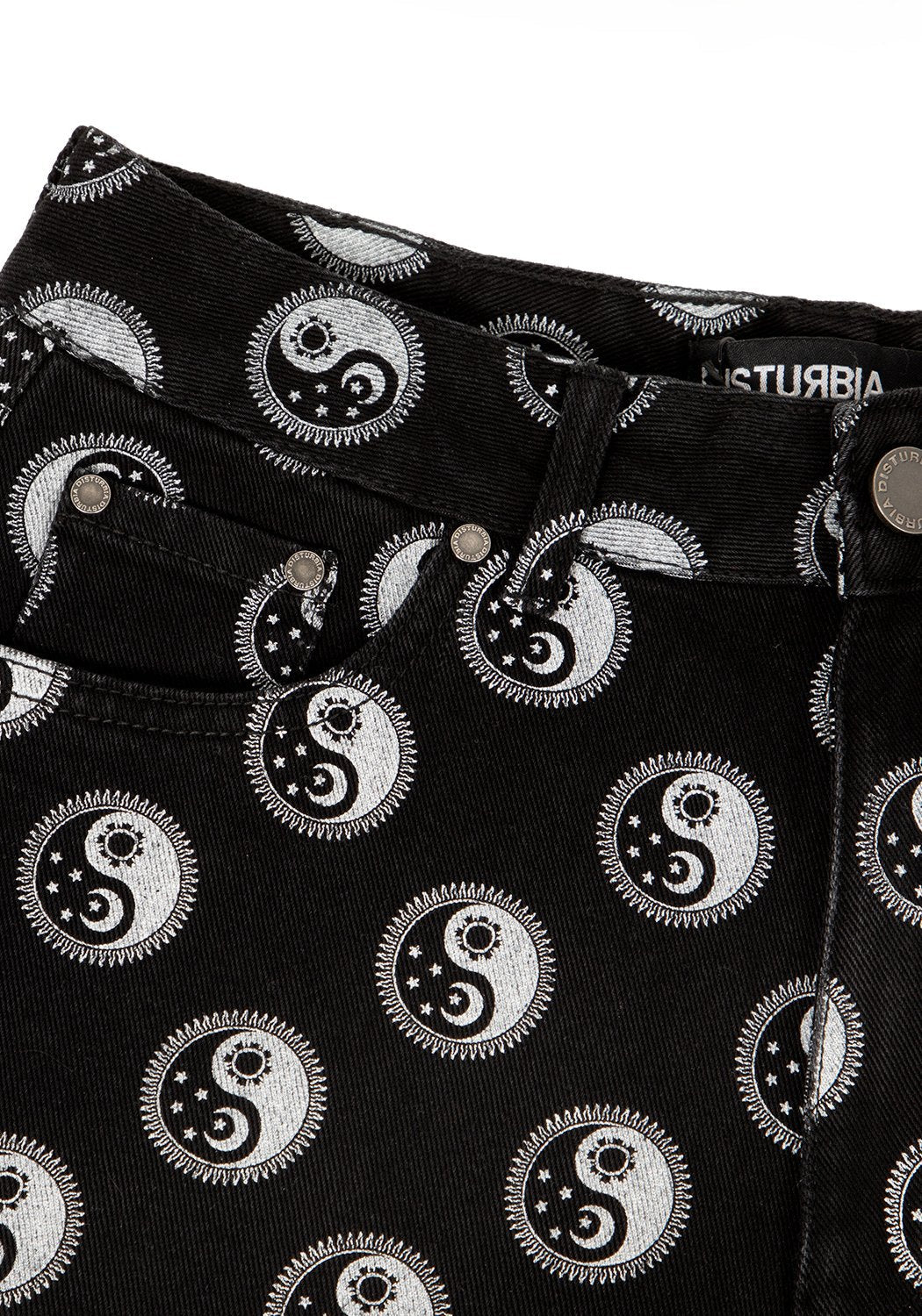 Black Denim Mom Jeans with Yin Yang Print | Karma
