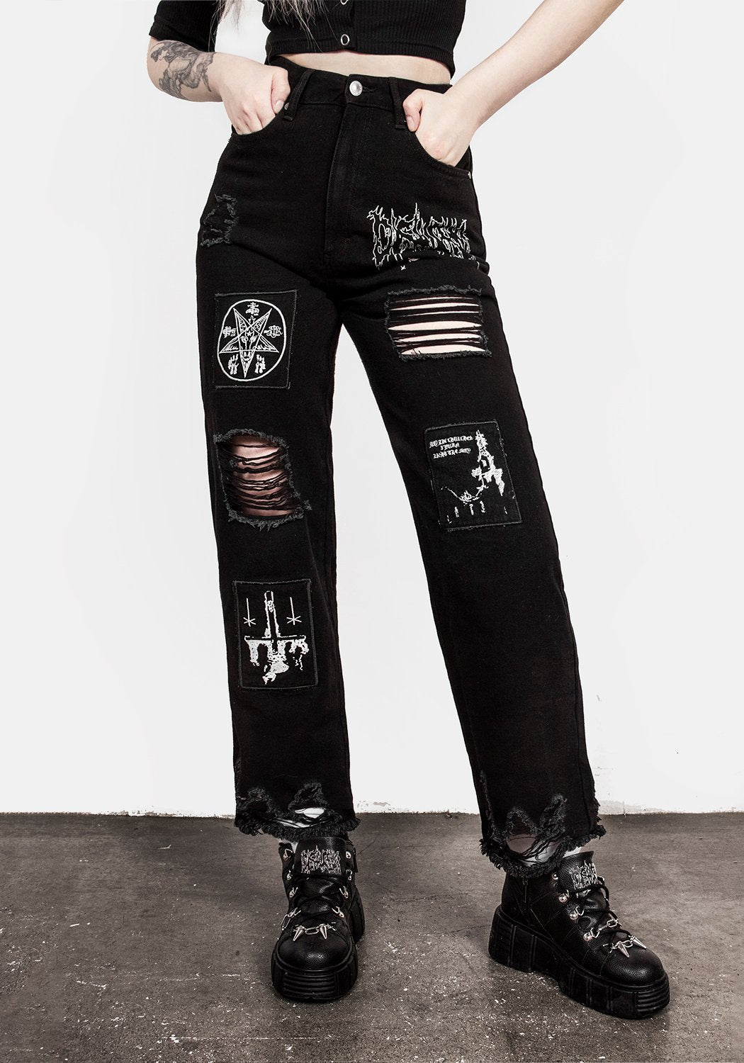 Distressed Black Mom Jeans with Patches & Embroidery | Black Arts