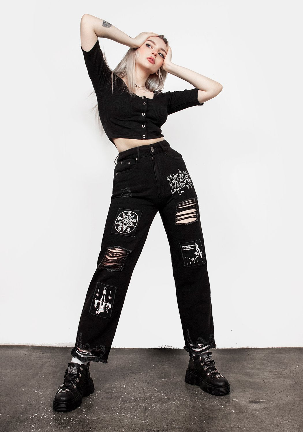 Distressed Black Mom Jeans with Patches & Embroidery | Black Arts