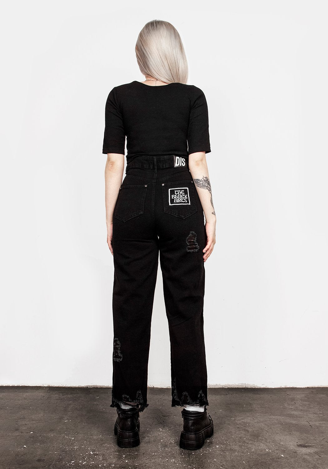 Distressed Black Mom Jeans with Patches & Embroidery | Black Arts