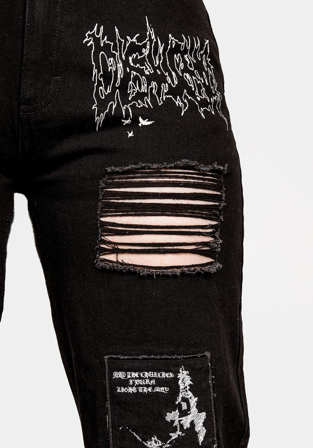 Distressed Black Mom Jeans with Patches & Embroidery | Black Arts