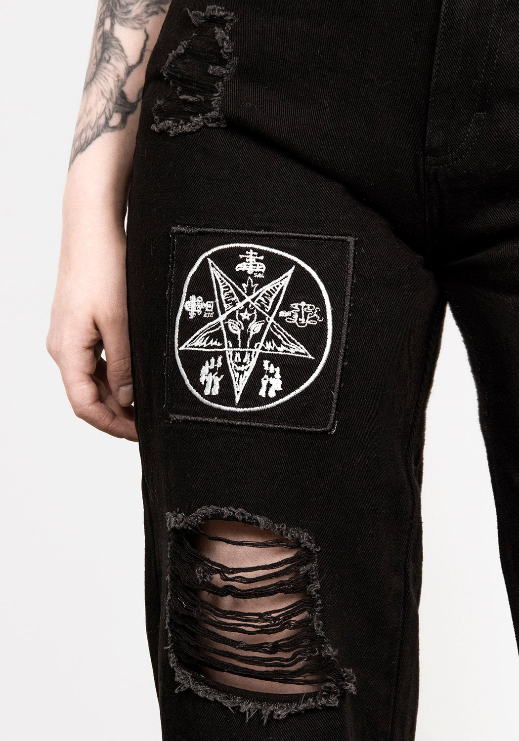 Distressed Black Mom Jeans with Patches & Embroidery | Black Arts