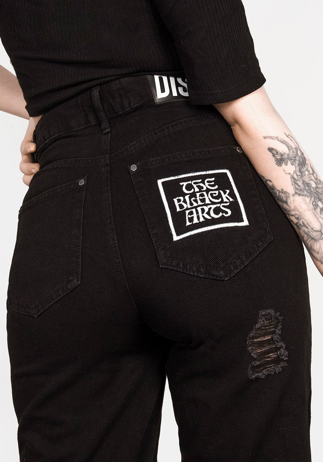 Distressed Black Mom Jeans with Patches & Embroidery | Black Arts