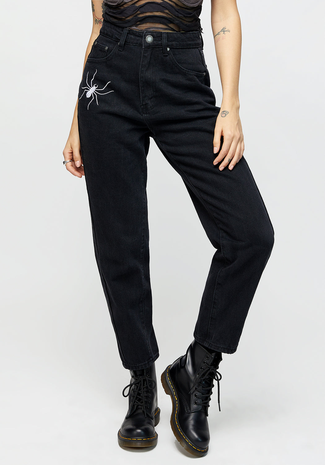 Black Denim Mom Jeans with Spider Embroidery | High-Waisted & Relaxed Fit