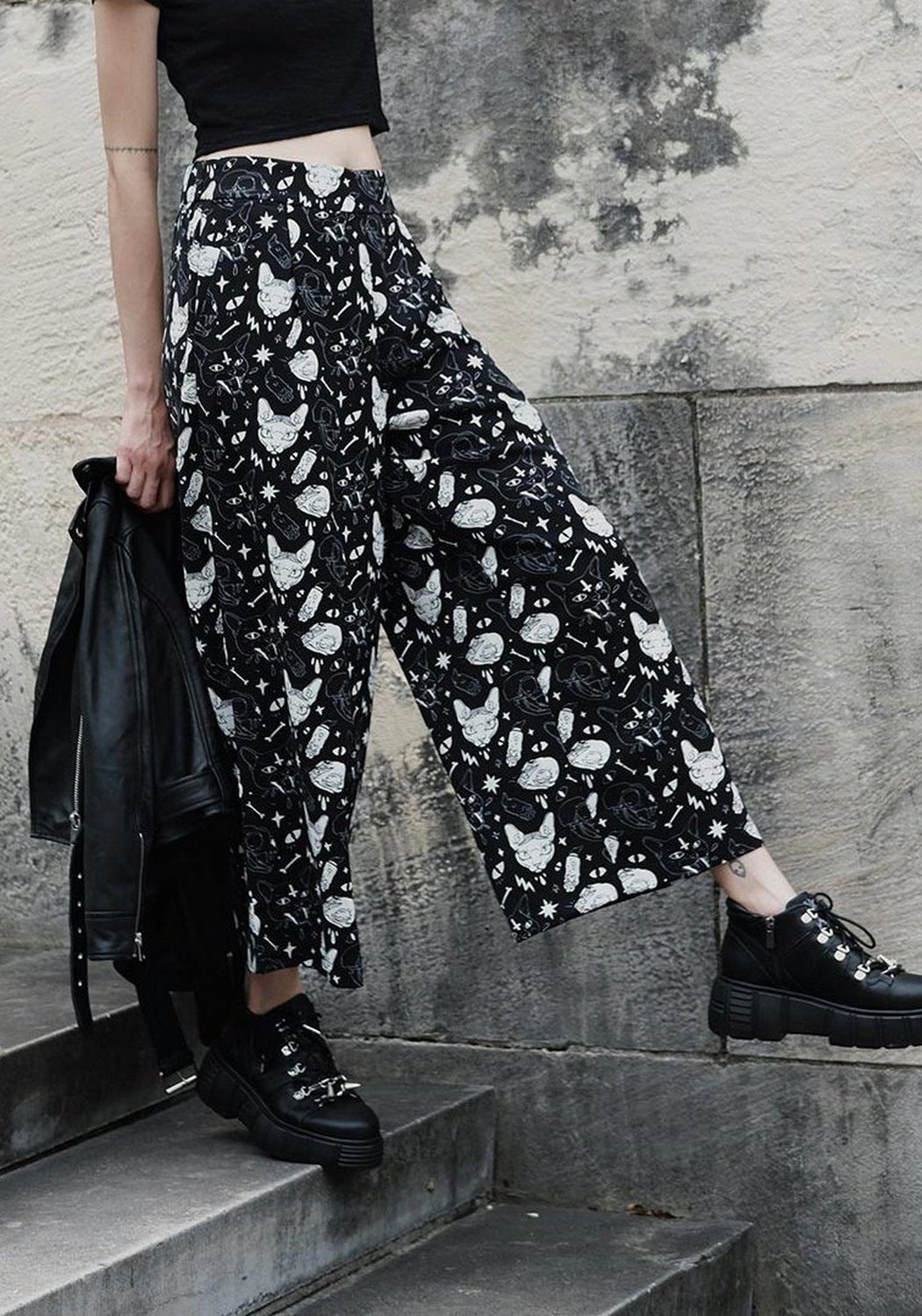 Wide Leg Sphynx Cat Print Trousers | High-Rise & Ankle-Grazing