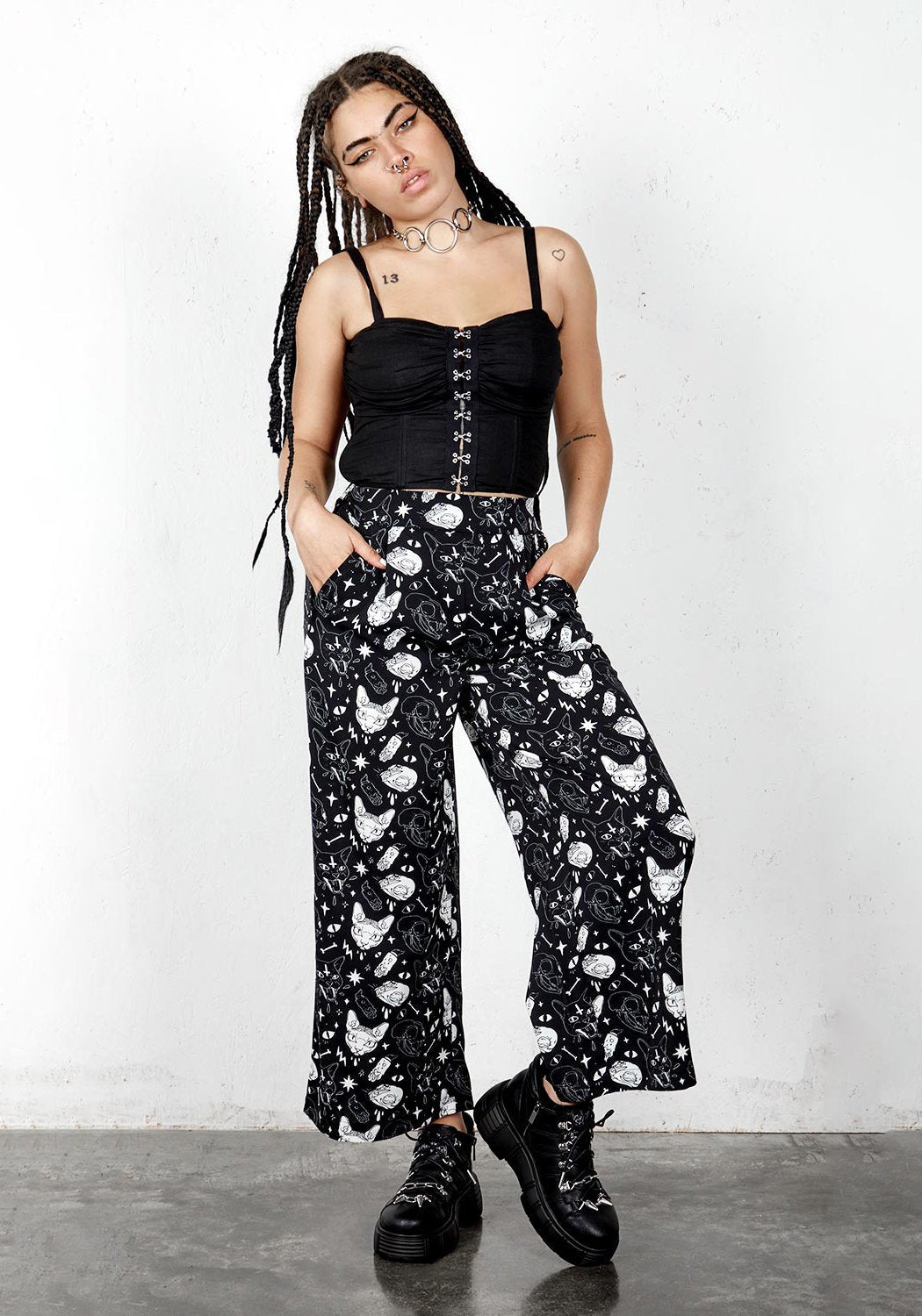 Wide Leg Sphynx Cat Print Trousers | High-Rise & Ankle-Grazing