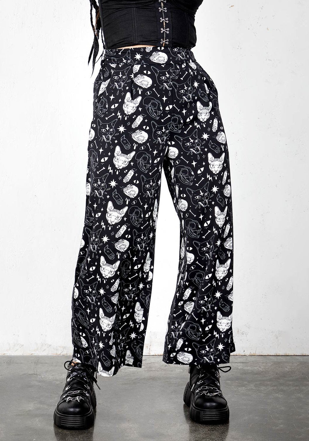 Wide Leg Sphynx Cat Print Trousers | High-Rise & Ankle-Grazing