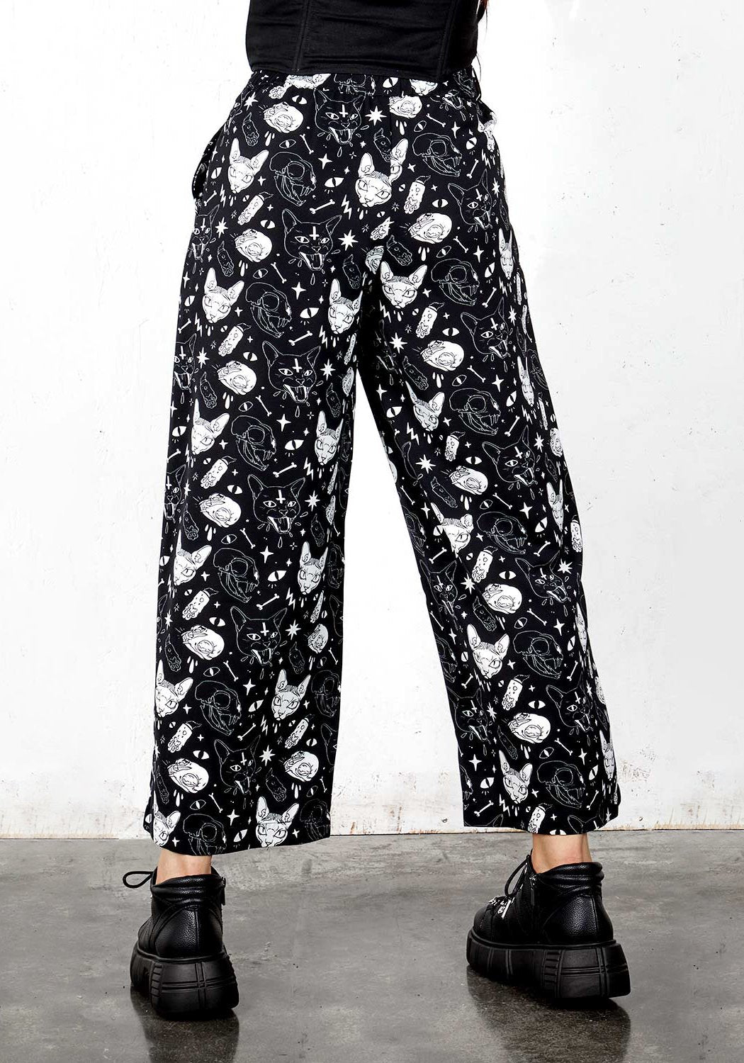 Wide Leg Sphynx Cat Print Trousers | High-Rise & Ankle-Grazing