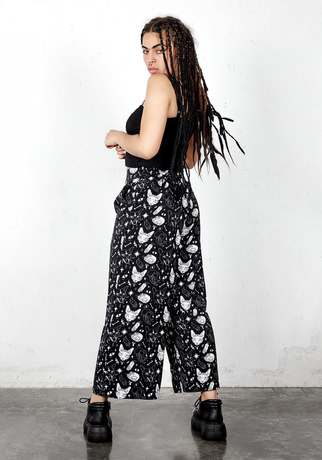 Wide Leg Sphynx Cat Print Trousers | High-Rise & Ankle-Grazing