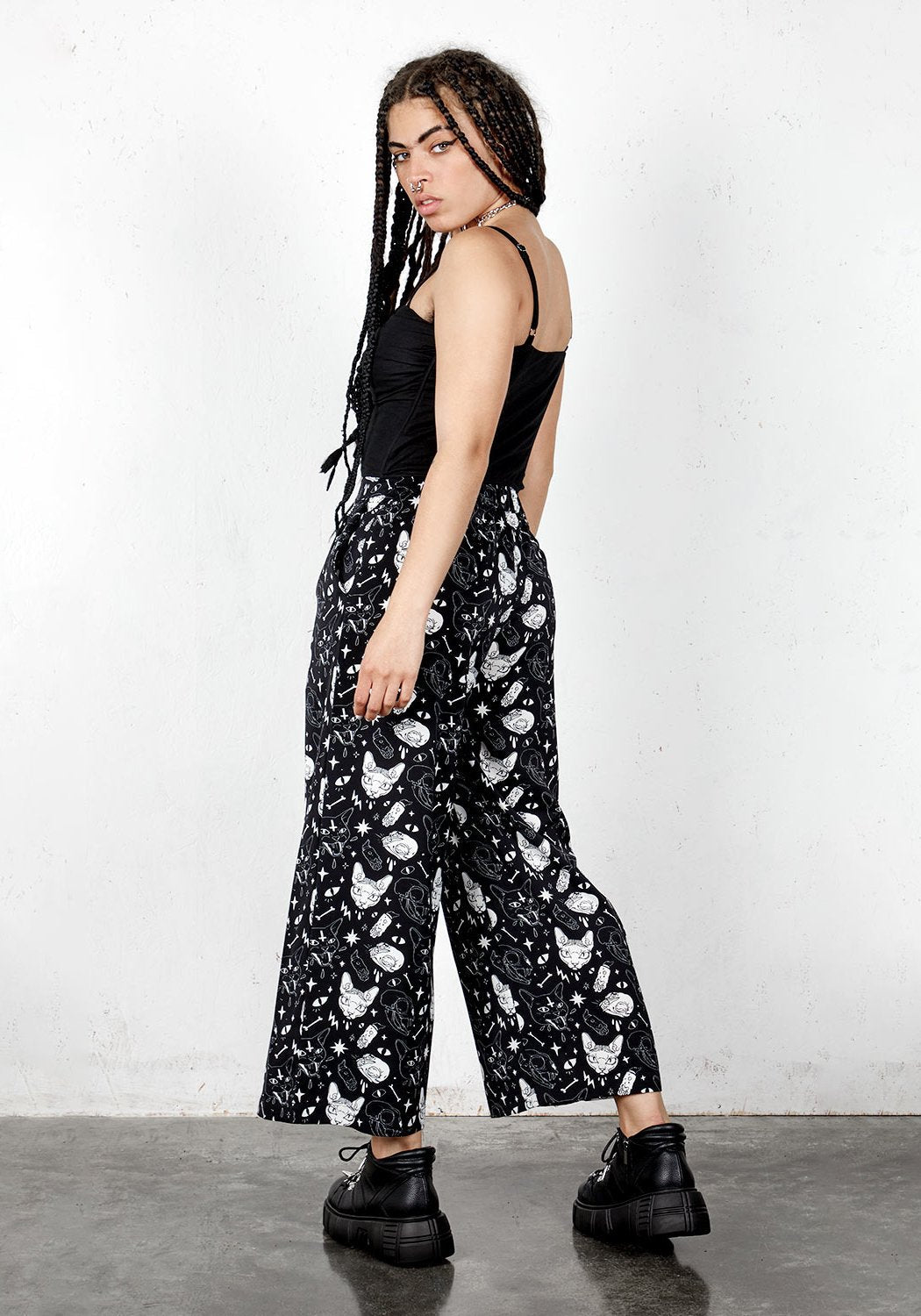 Wide Leg Sphynx Cat Print Trousers | High-Rise & Ankle-Grazing