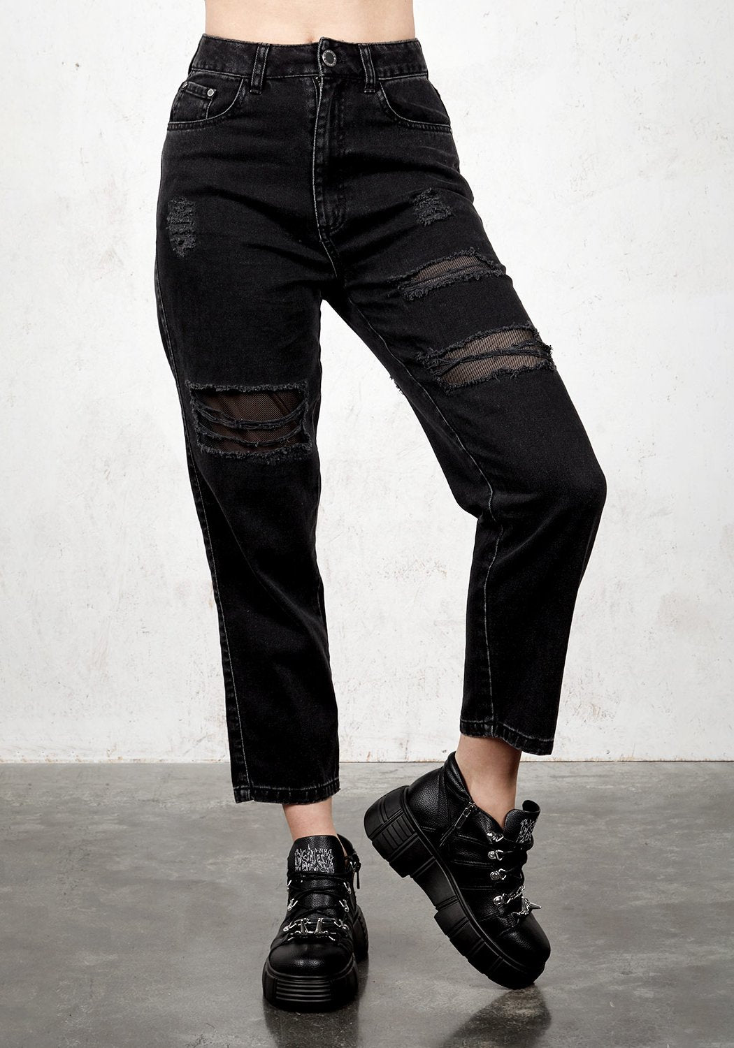 Distressed Mom Jeans with Fishnet Panels & High Waist | Enmeshed
