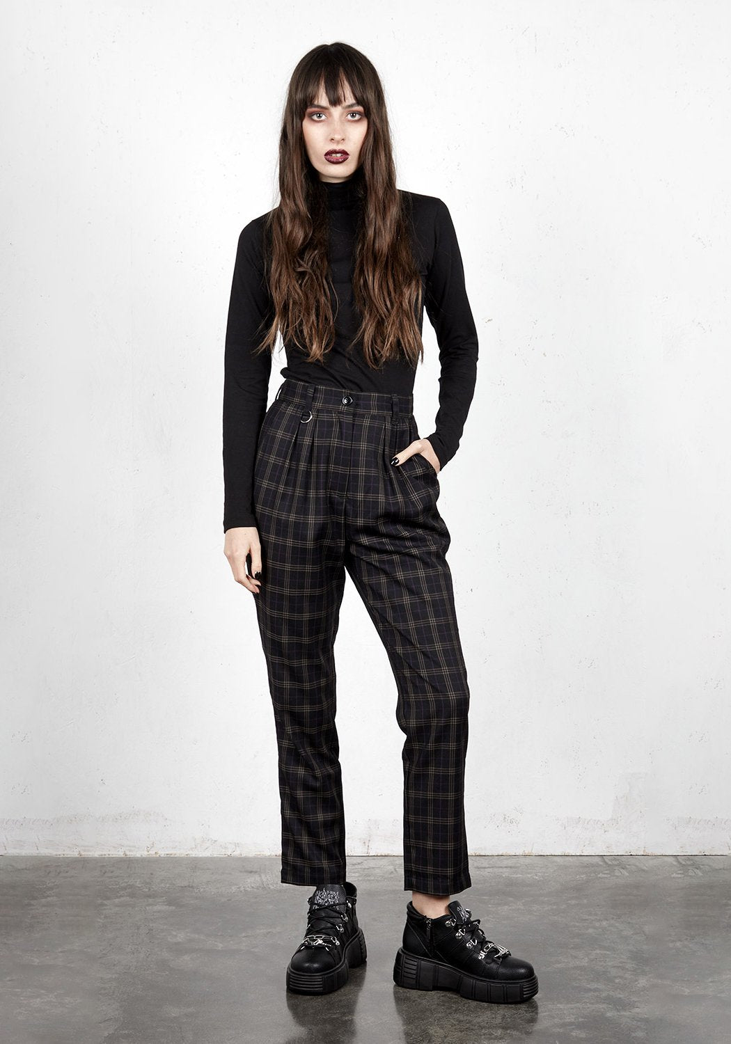 Plaid Cigarette Trousers with Elastic Waist & Hardware Detail | Tai
