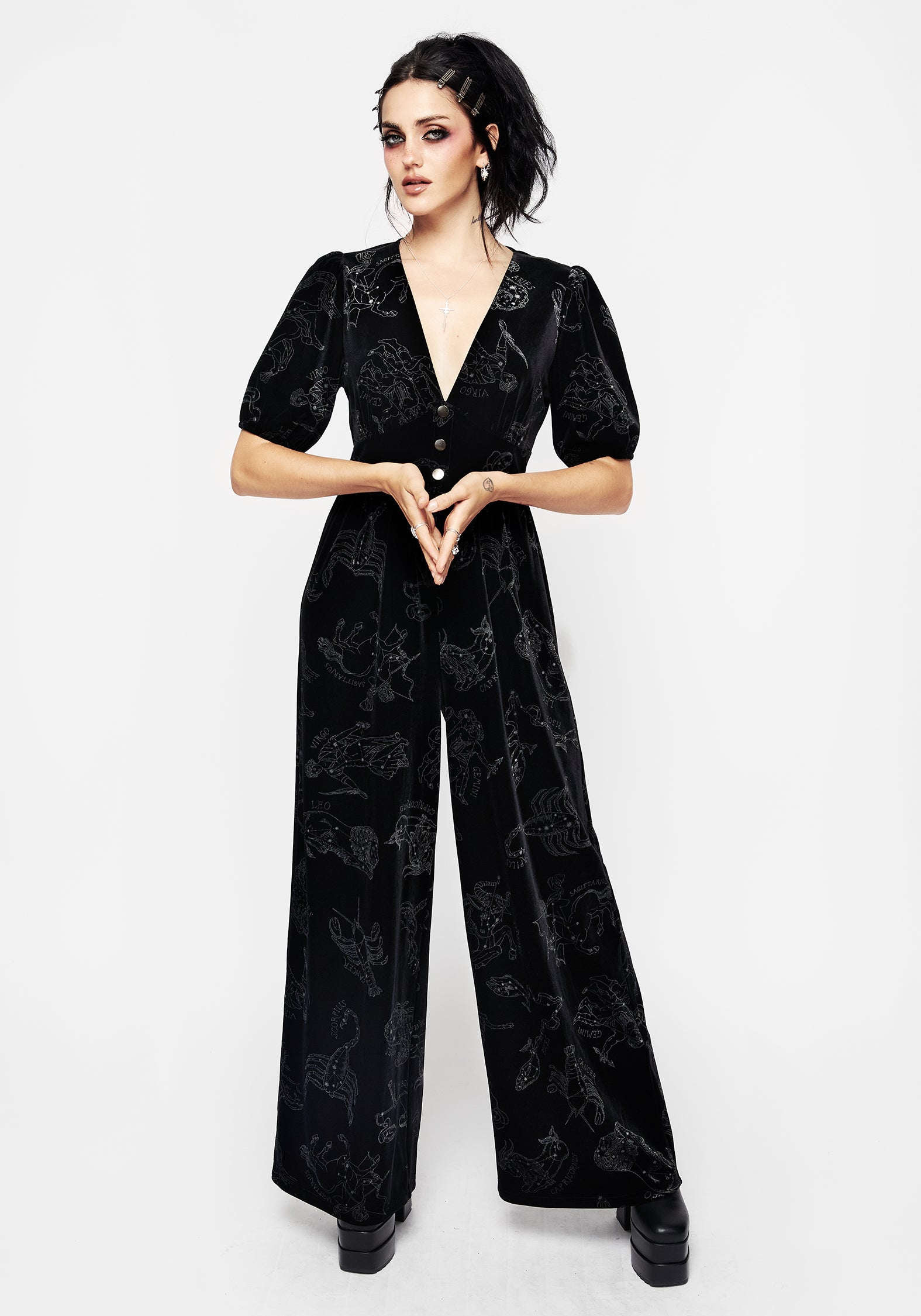 Black Velour Jumpsuit with Zodiac Foil Print | Button Front & V-Neck