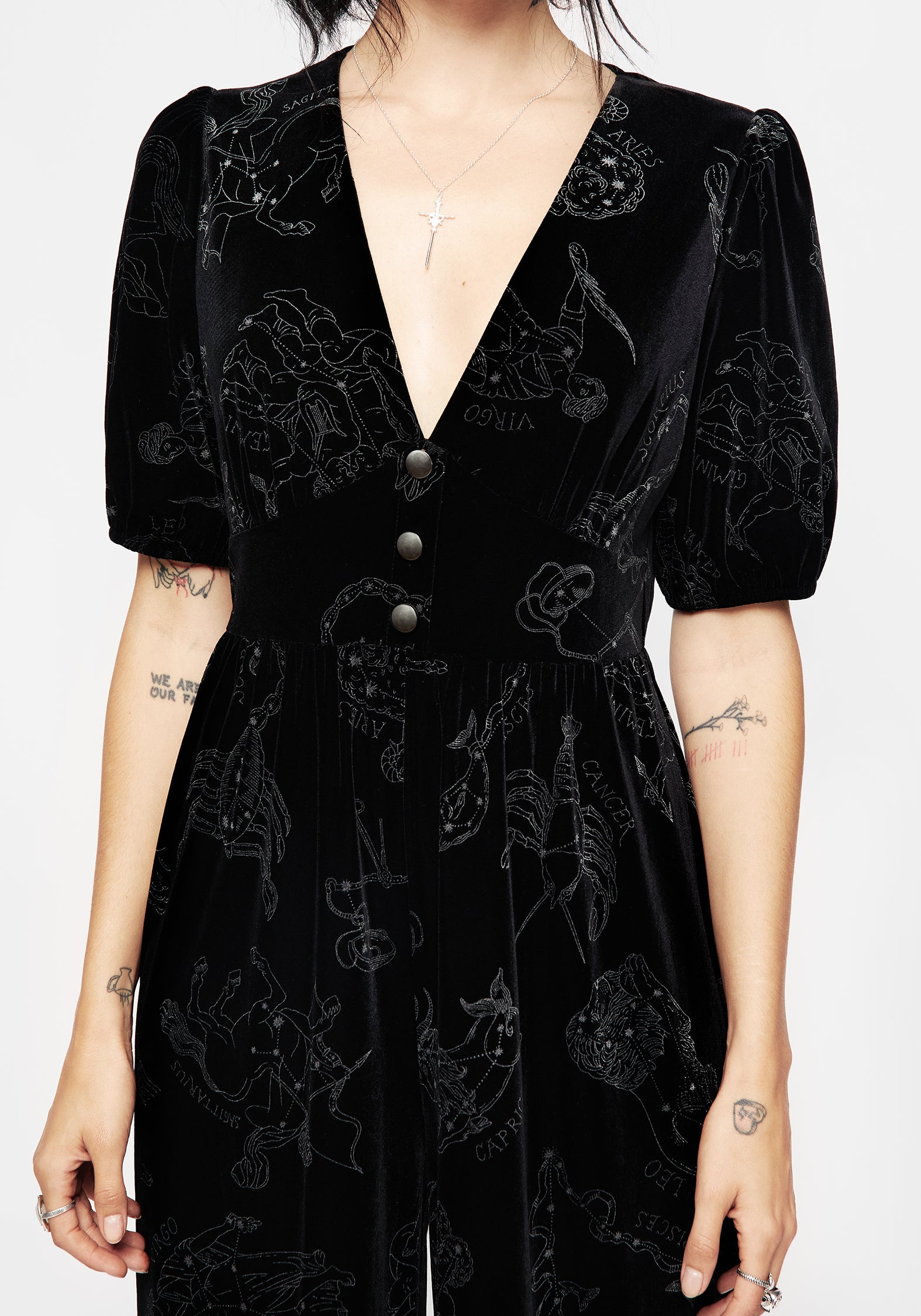 Black Velour Jumpsuit with Zodiac Foil Print | Button Front & V-Neck