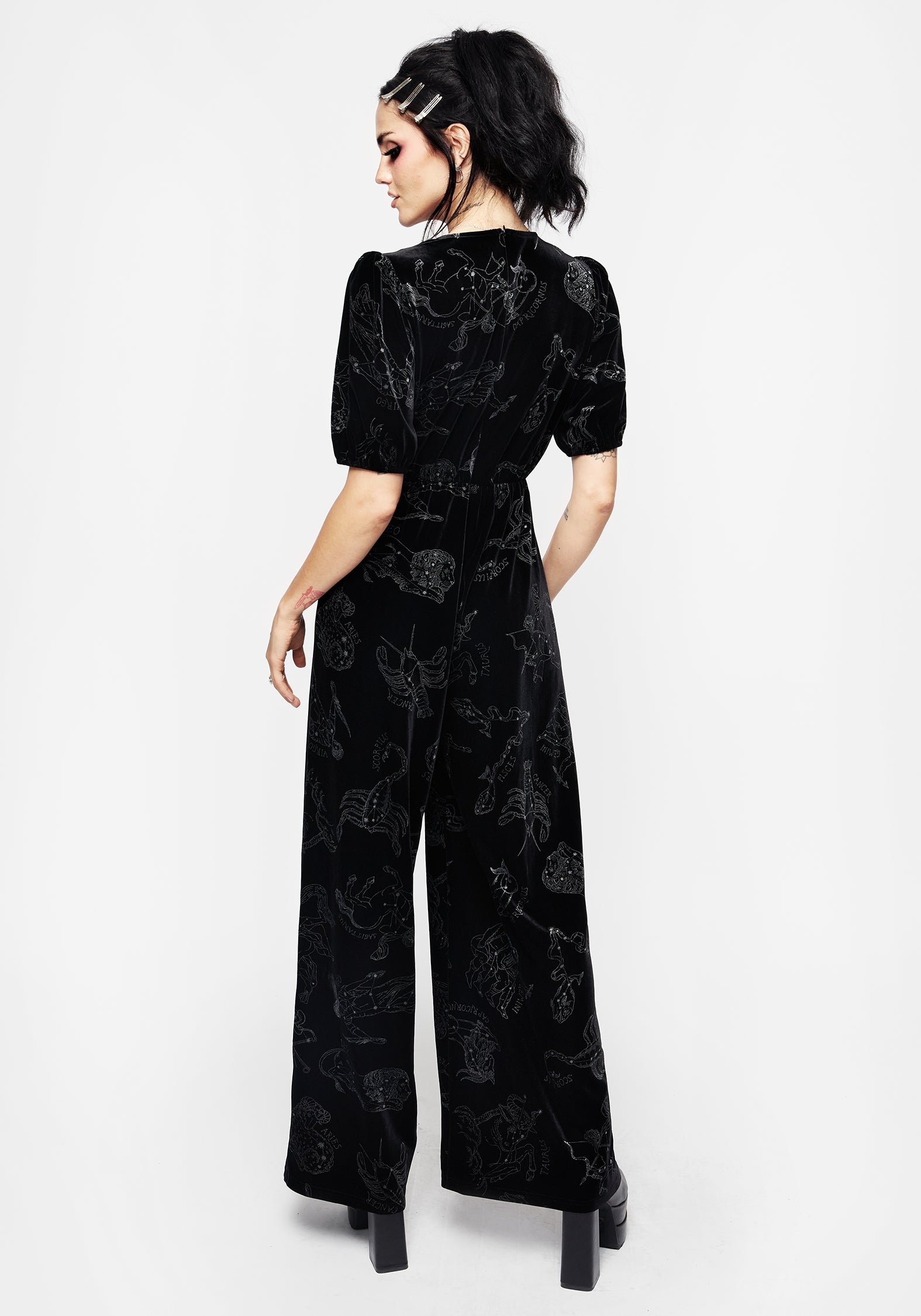 Black Velour Jumpsuit with Zodiac Foil Print | Button Front & V-Neck