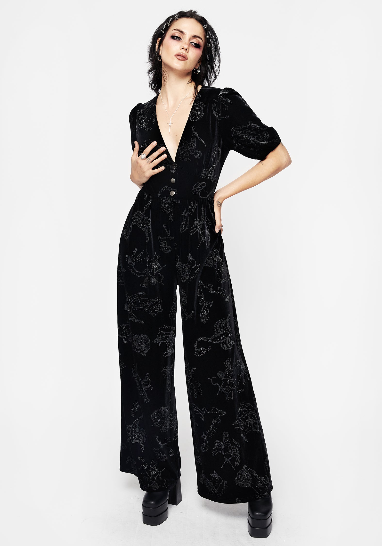 Black Velour Jumpsuit with Zodiac Foil Print | Button Front & V-Neck