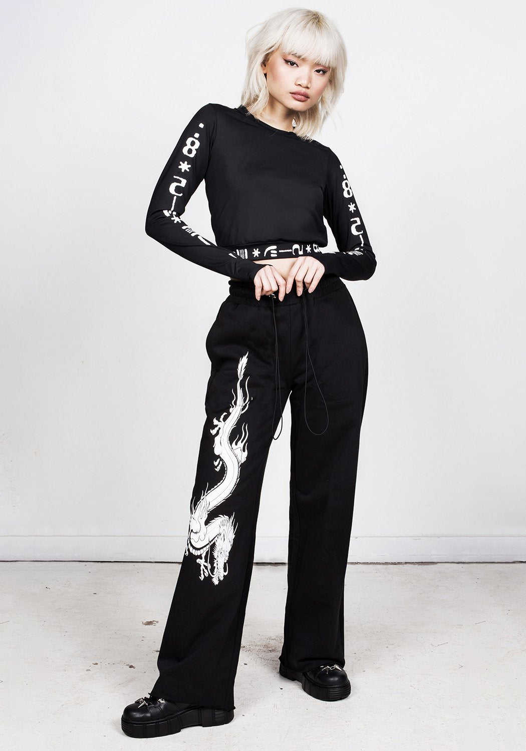 Black Wide Leg Joggers with Dragon Design | Unisex Cotton Sweatpants