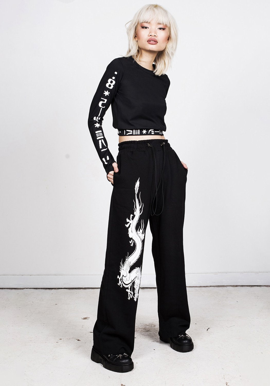 Black Wide Leg Joggers with Dragon Design | Unisex Cotton Sweatpants