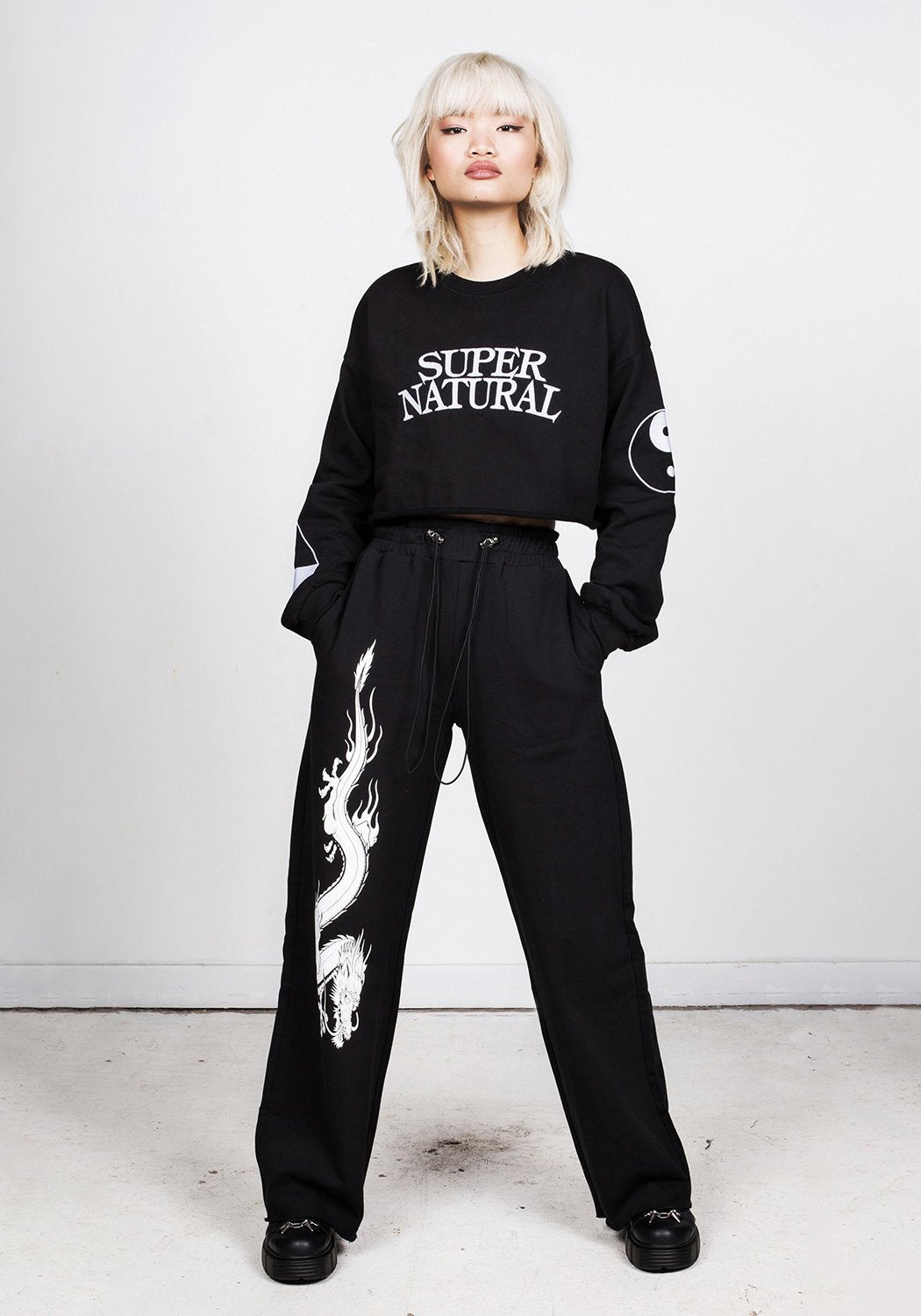 Black Wide Leg Joggers with Dragon Design | Unisex Cotton Sweatpants