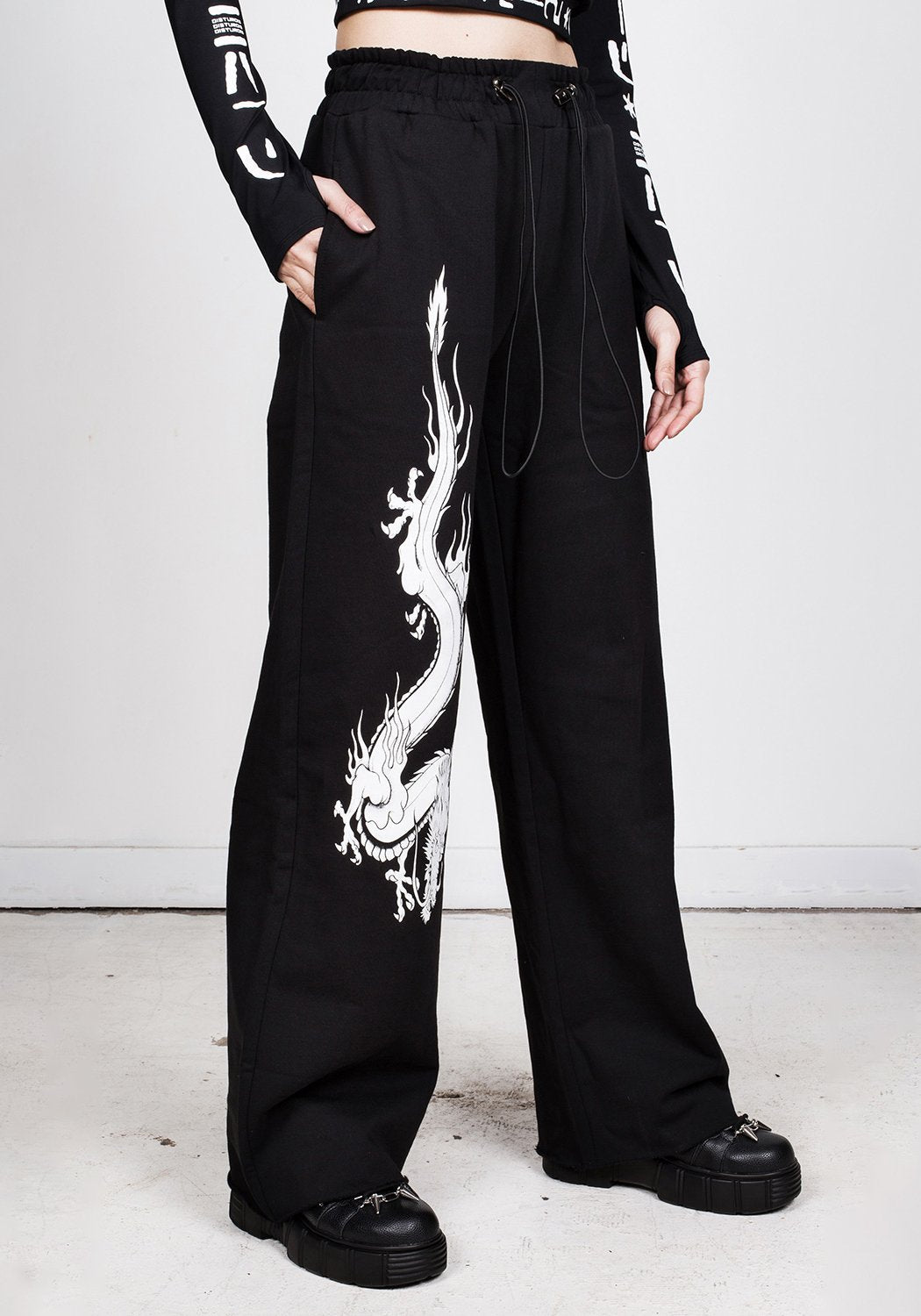 Black Wide Leg Joggers with Dragon Design | Unisex Cotton Sweatpants
