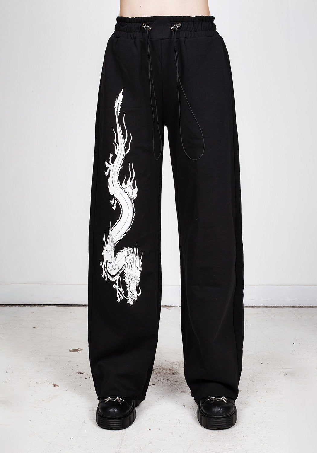 Black Wide Leg Joggers with Dragon Design | Unisex Cotton Sweatpants