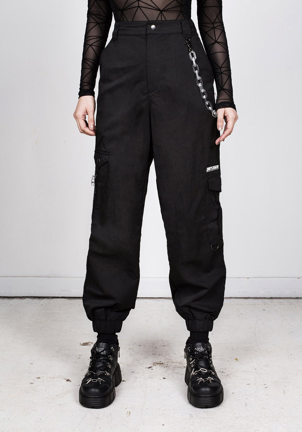 Chain-Trimmed Black Cargo Pants with Utility Pockets | Disturbia