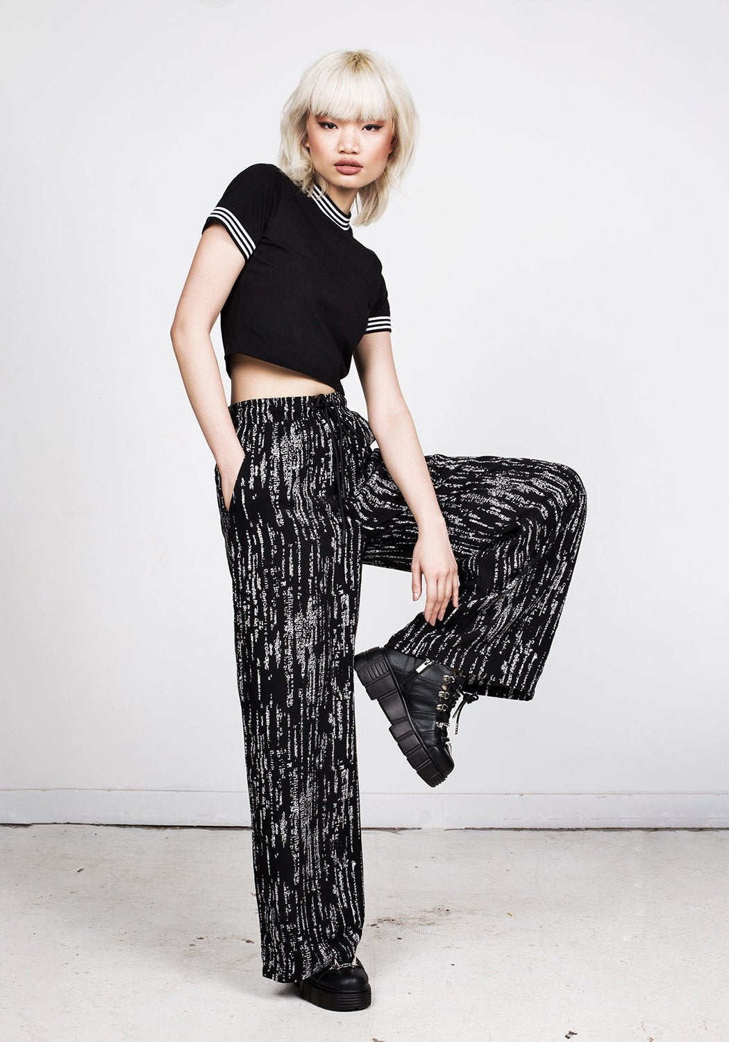 Cyber Print Wide Leg Trousers with Elastic Waist | Digital Rain