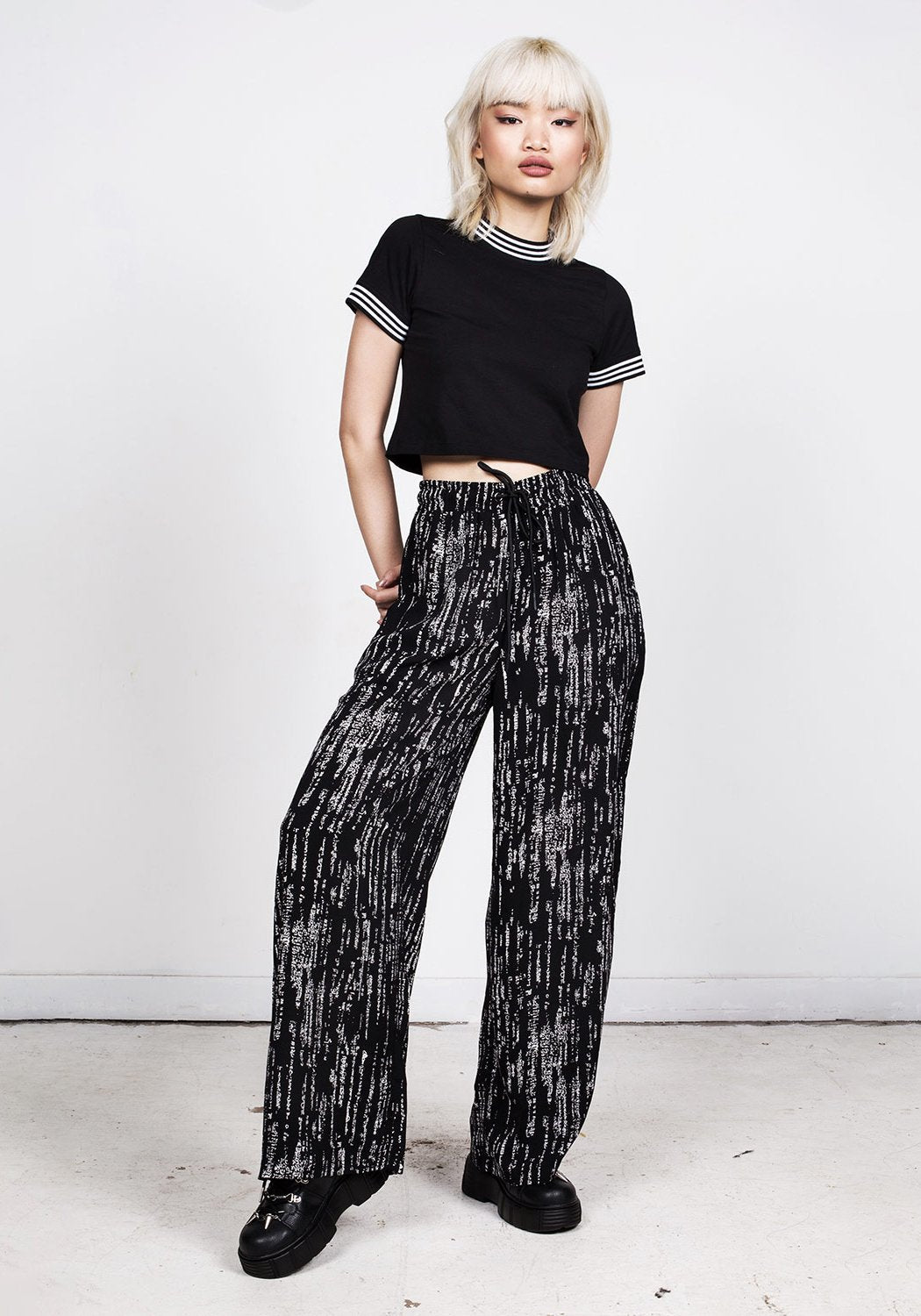 Cyber Print Wide Leg Trousers with Elastic Waist | Digital Rain