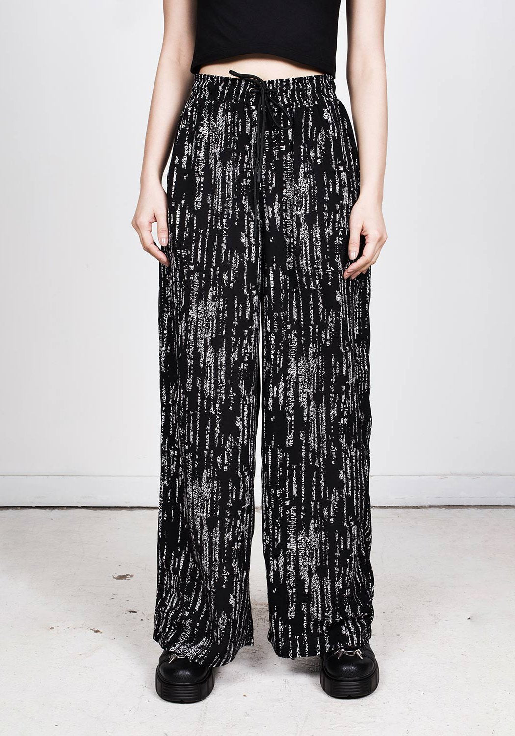 Cyber Print Wide Leg Trousers with Elastic Waist | Digital Rain