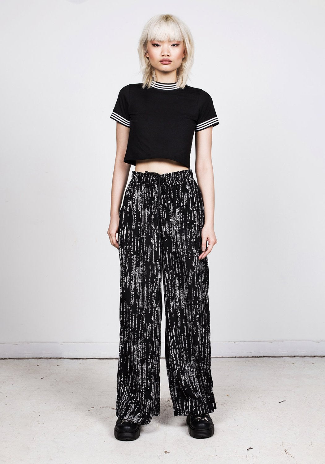 Cyber Print Wide Leg Trousers with Elastic Waist | Digital Rain