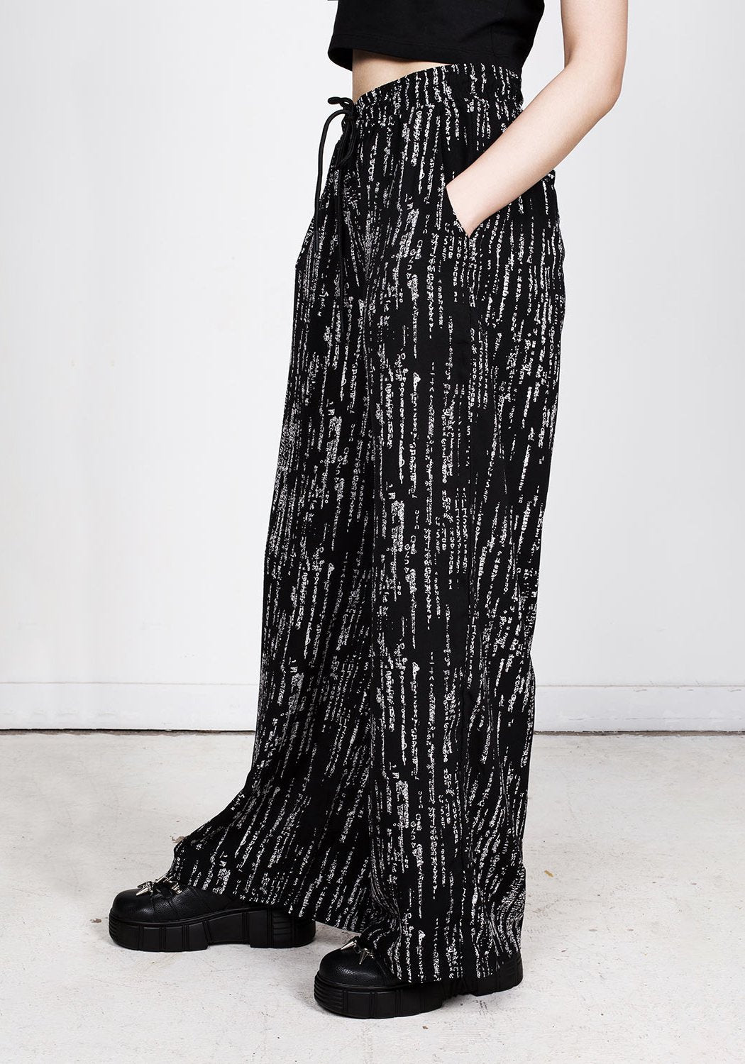 Cyber Print Wide Leg Trousers with Elastic Waist | Digital Rain
