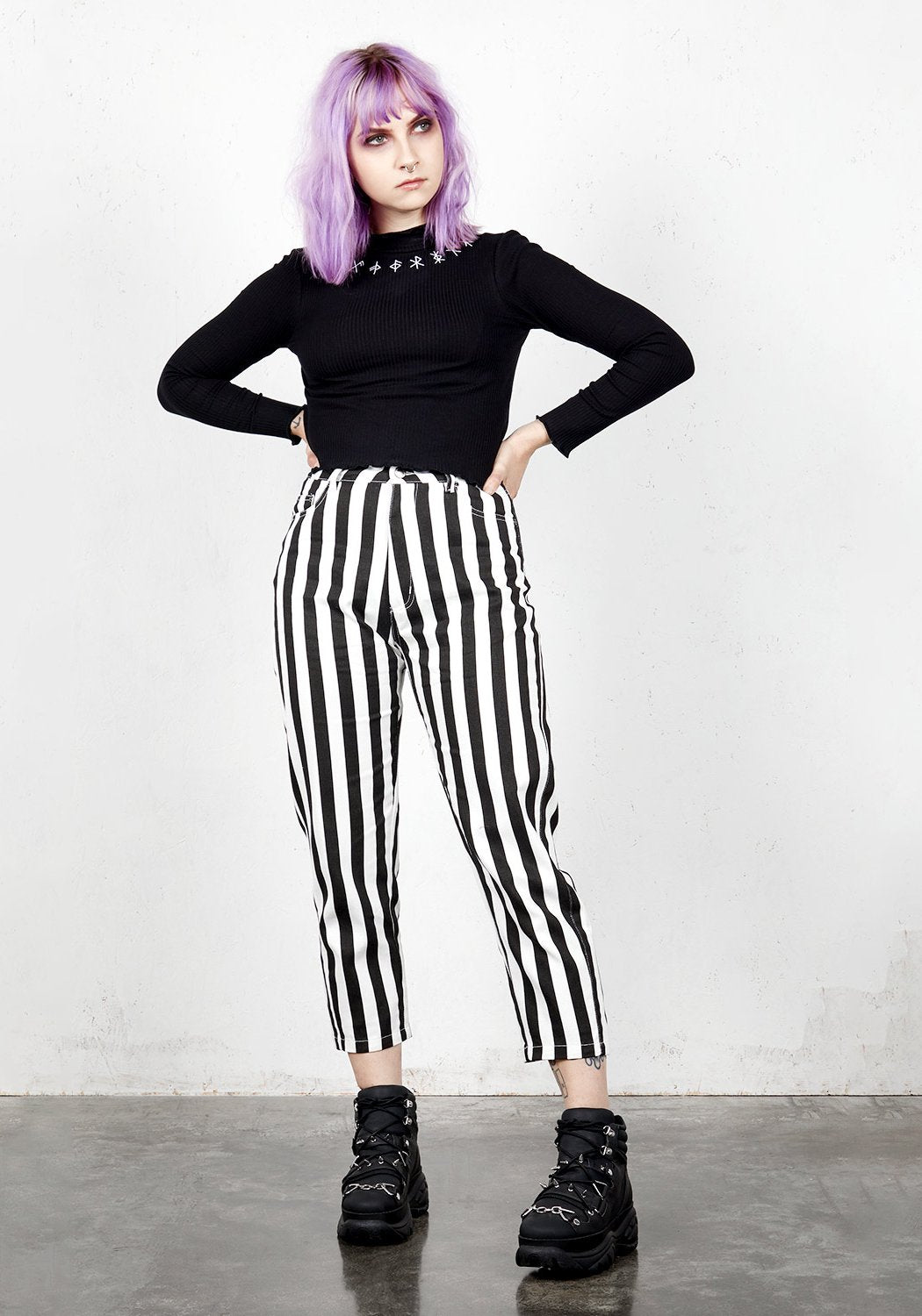 High Waisted Mom Jeans with Stripes & Leather Patch | Beetle Jeans