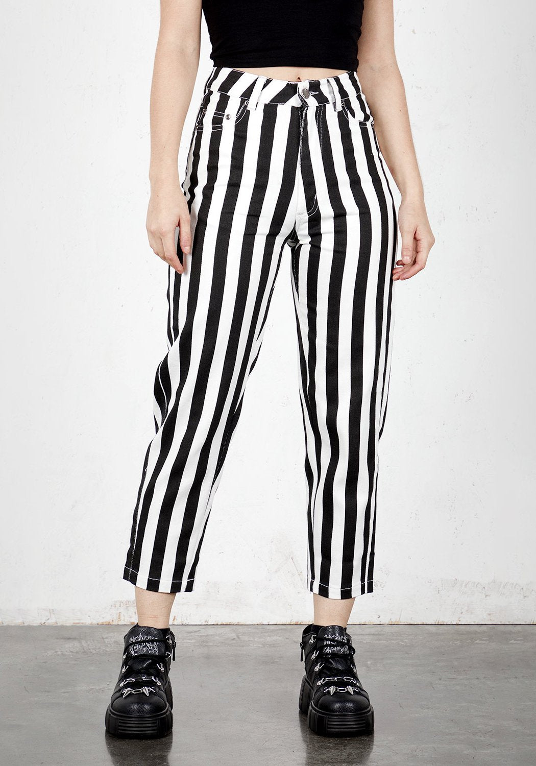High Waisted Mom Jeans with Stripes & Leather Patch | Beetle Jeans