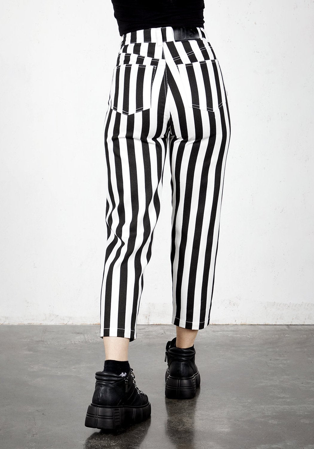High Waisted Mom Jeans with Stripes & Leather Patch | Beetle Jeans