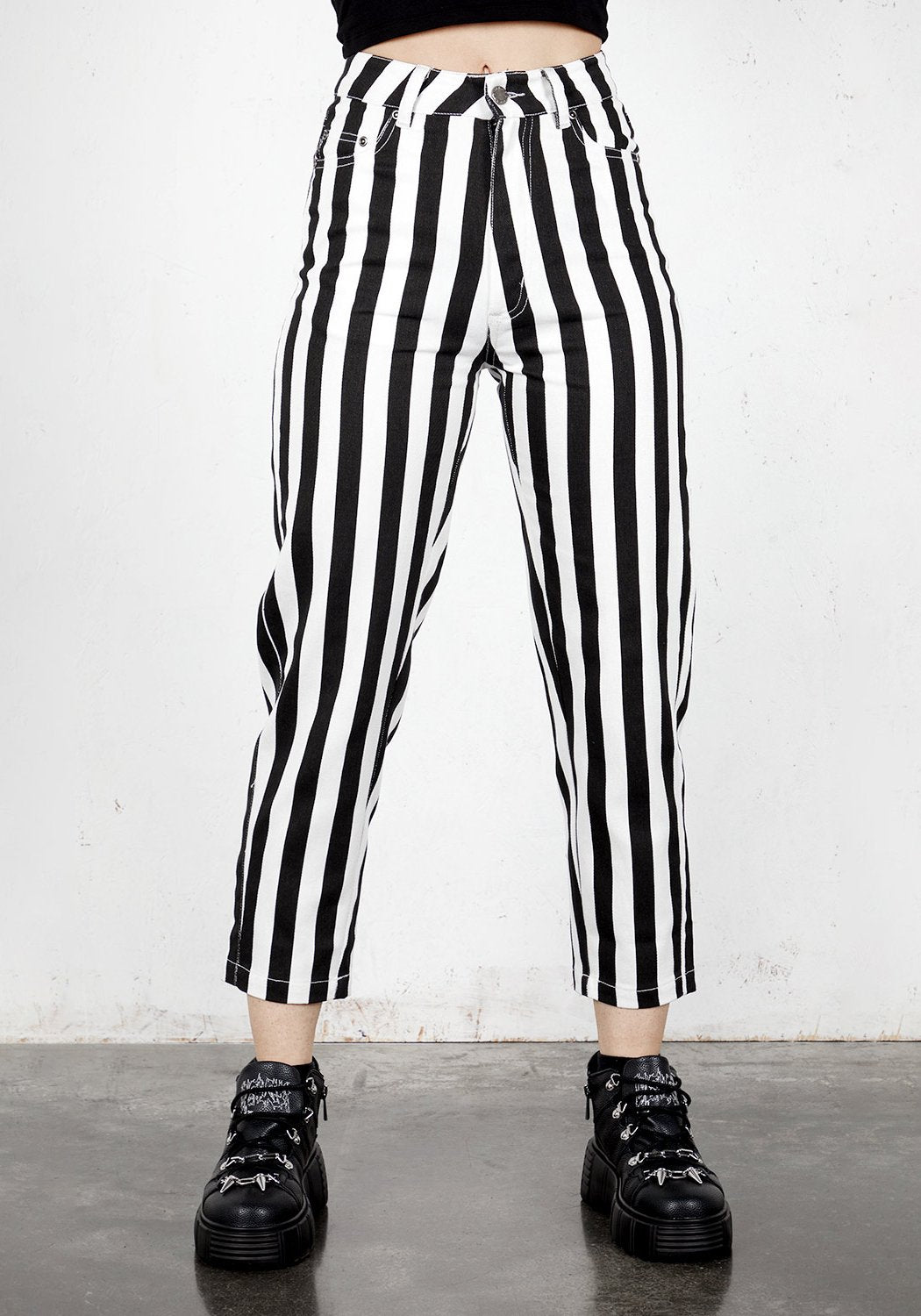 High Waisted Mom Jeans with Stripes & Leather Patch | Beetle Jeans
