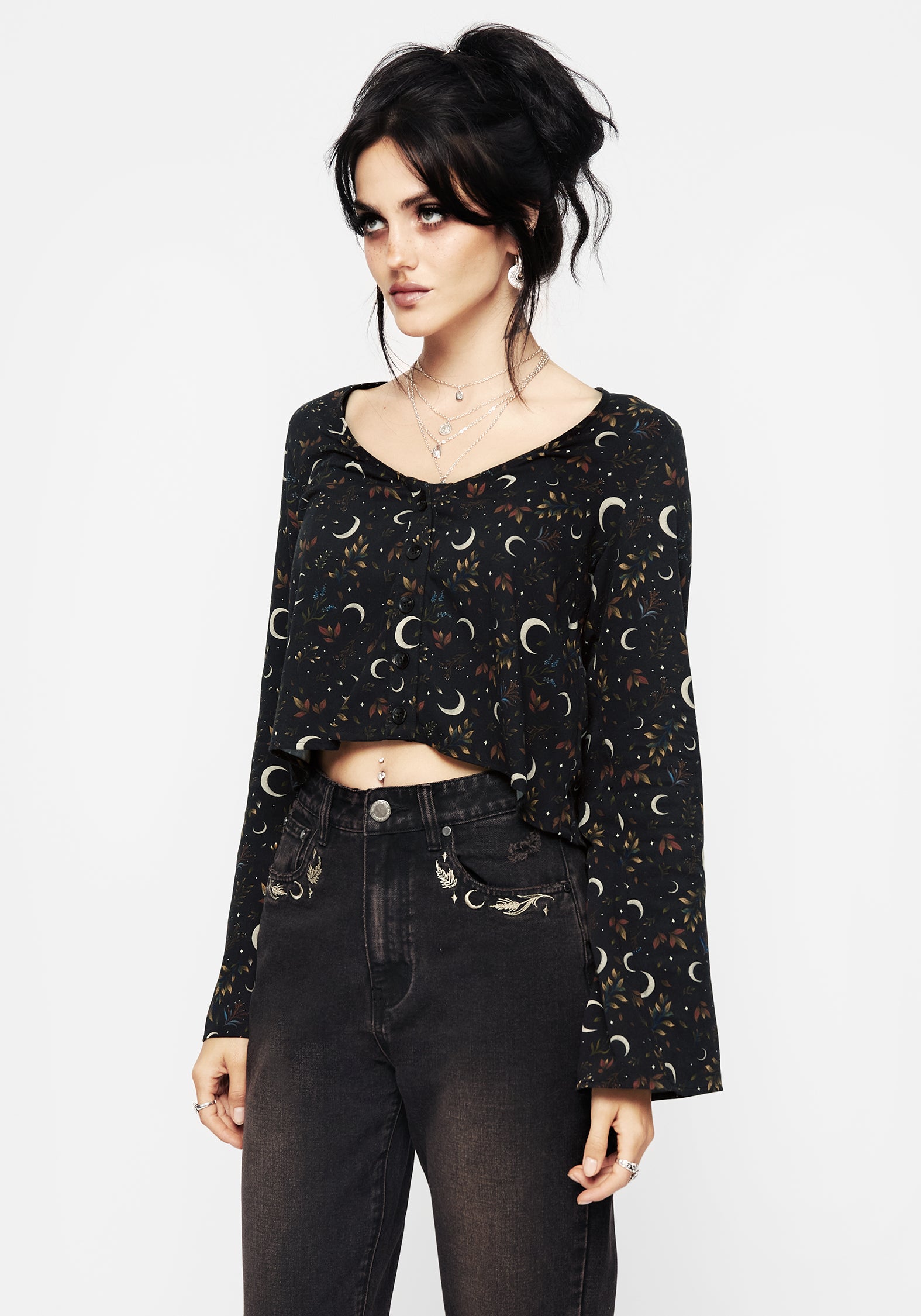 Black Floral Moon Print Crop Top with Fluted Sleeves | Sickle Moon