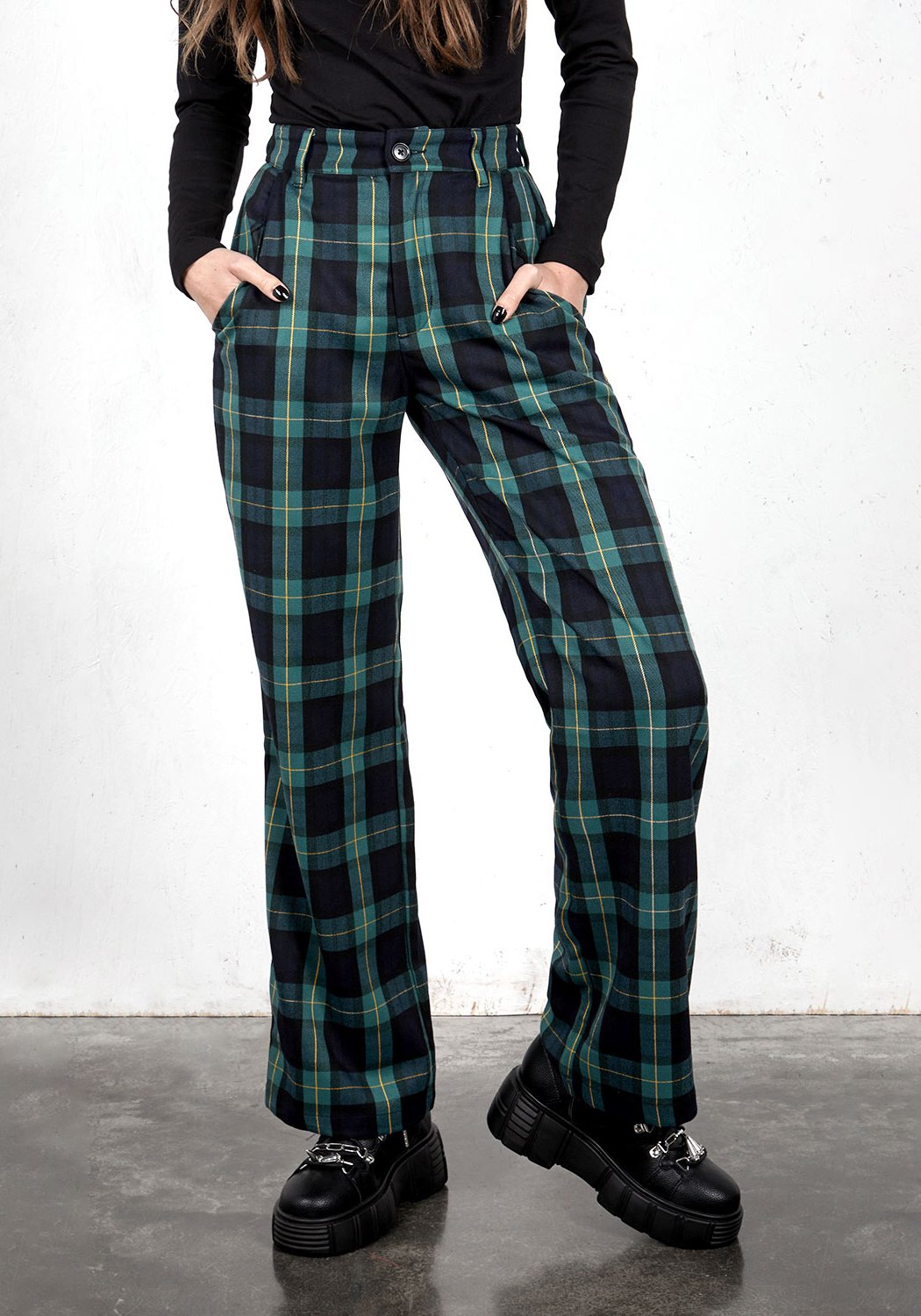 Wide Leg Check Trousers for Women | Button Fly & 4 Pockets | Creed