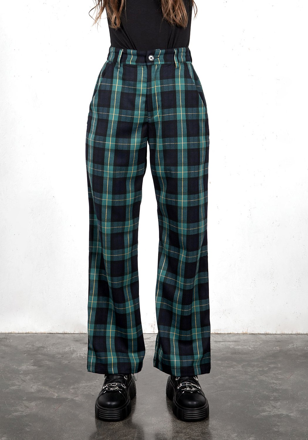 Wide Leg Check Trousers for Women | Button Fly & 4 Pockets | Creed
