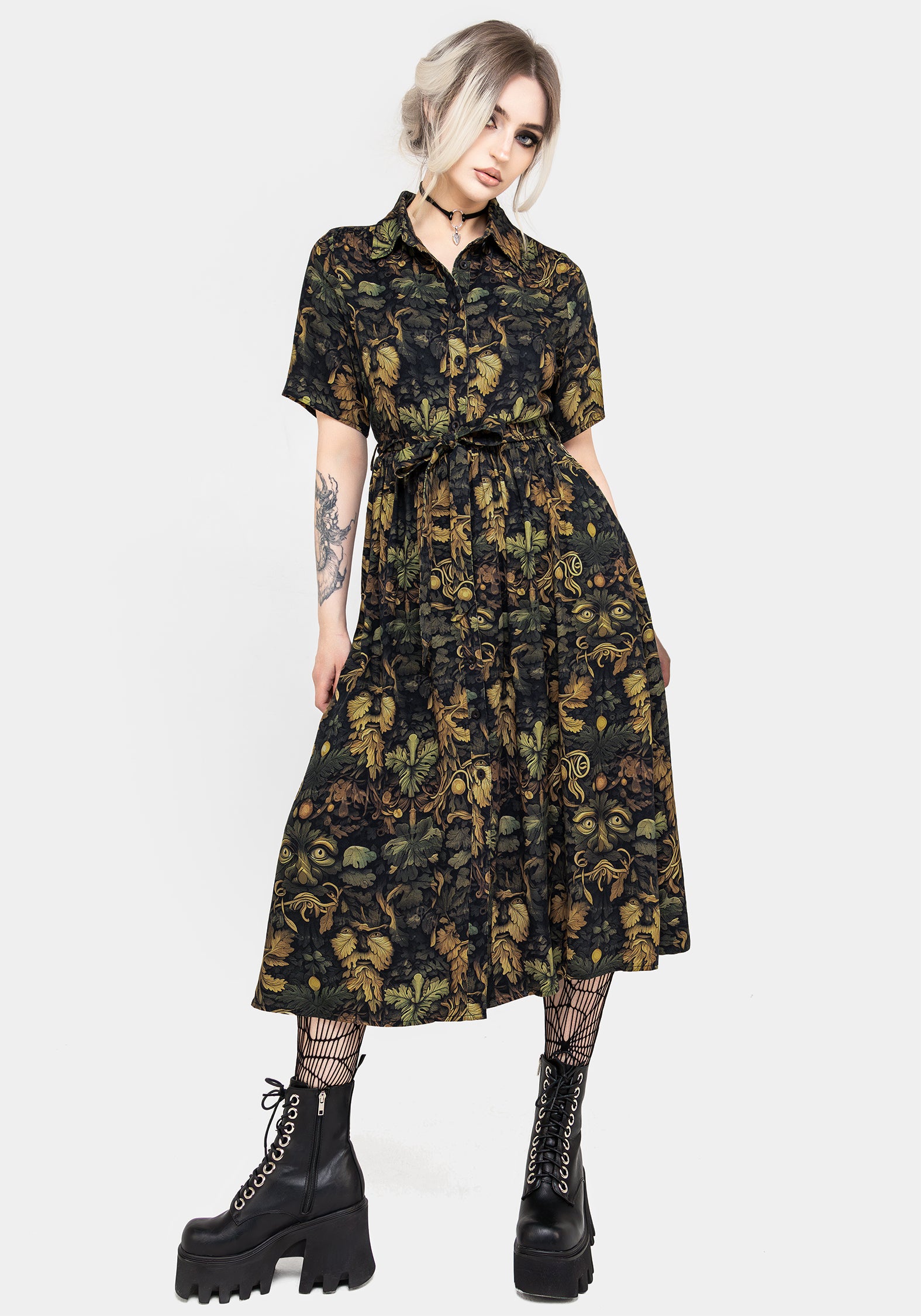 Green Floral Print Midi Shirt Dress with Belt & Pockets | Rebirth