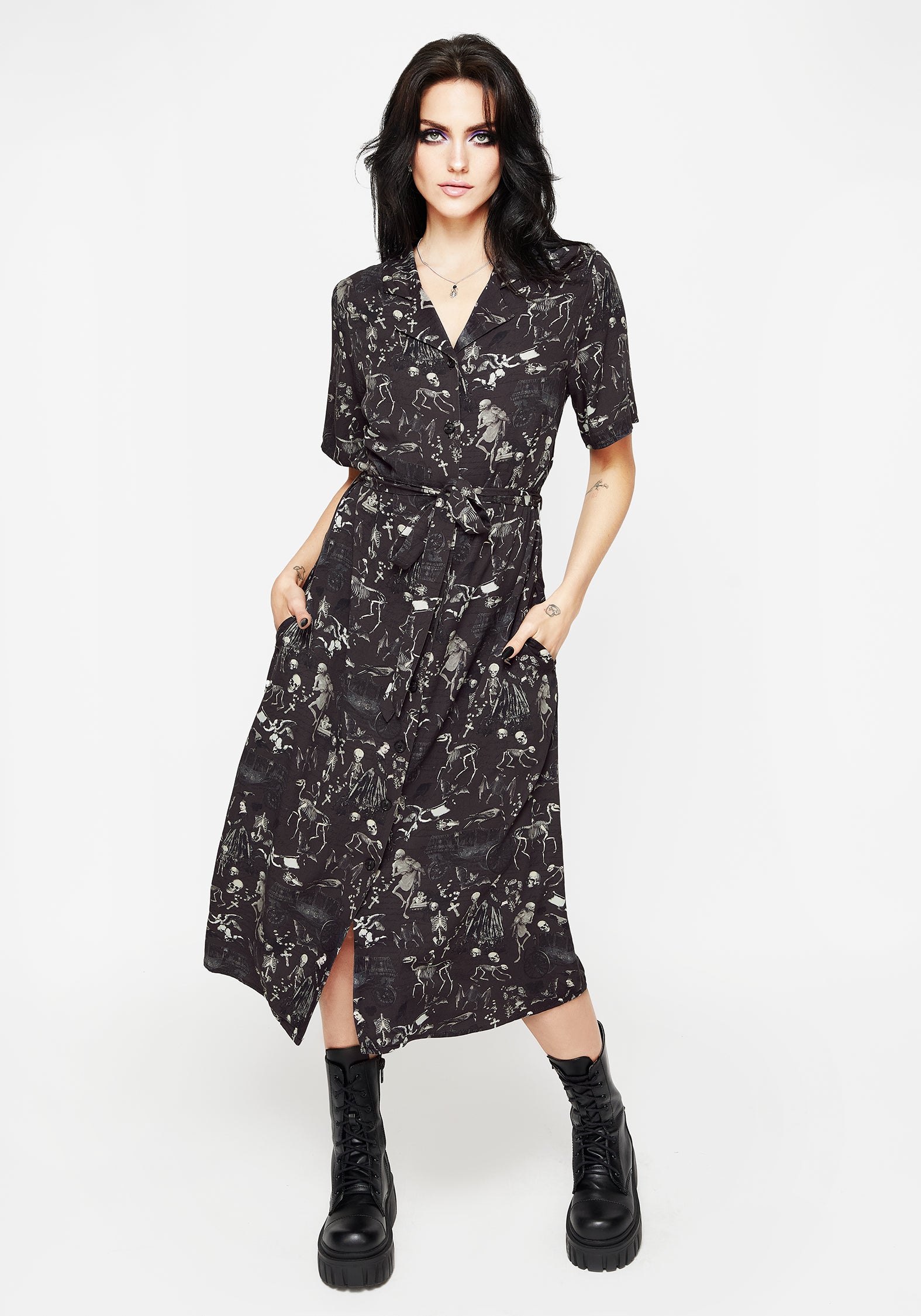 Gothic Victorian Print Midi Shirt Dress with Removable Belt | Melancholia