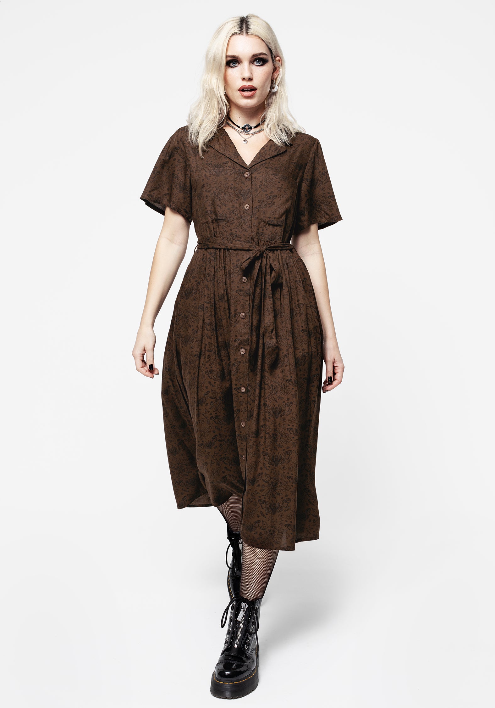 Brown Floral Midi Shirt Dress with Belt & Pockets | Rosamoth
