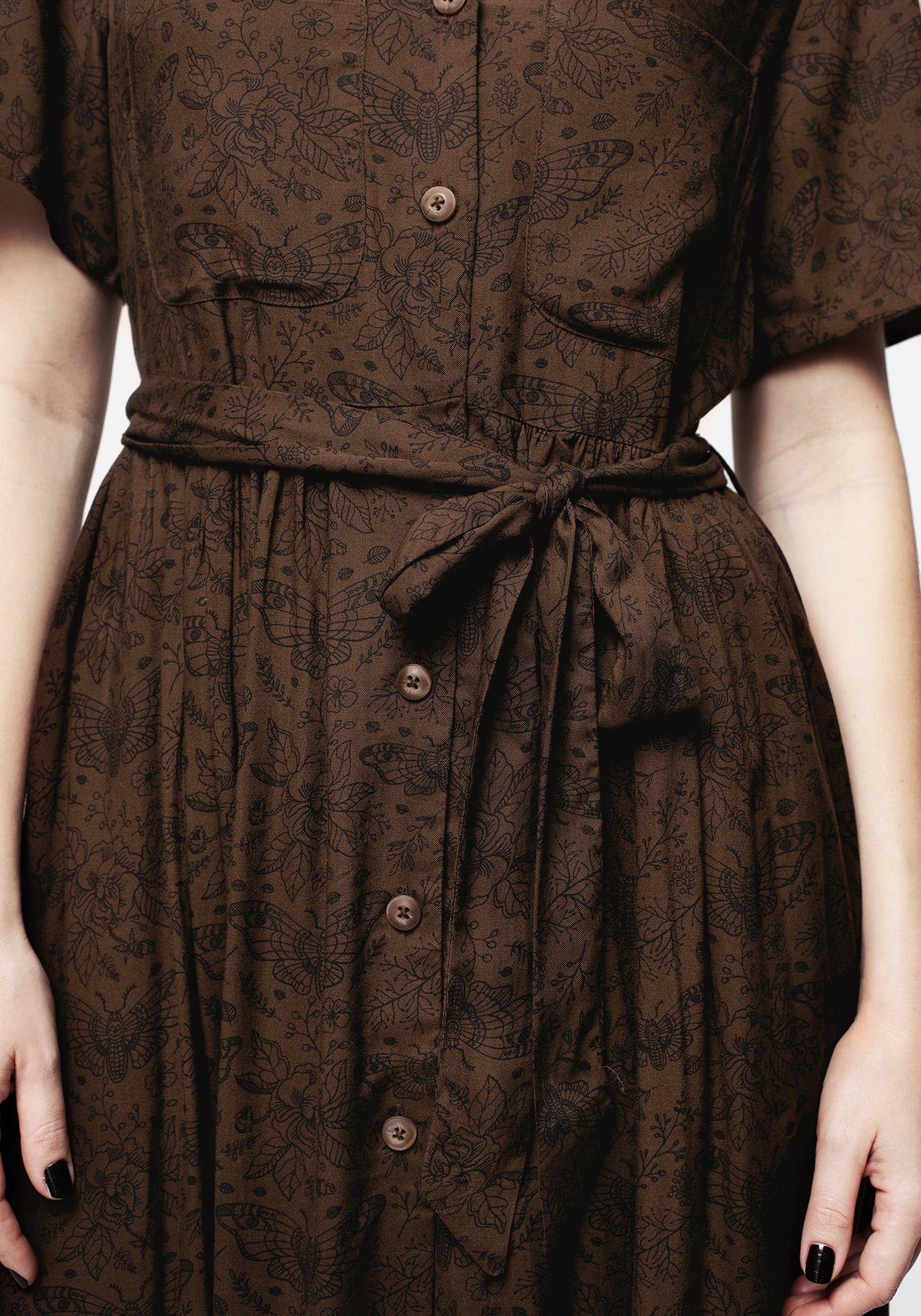 Brown Floral Midi Shirt Dress with Belt & Pockets | Rosamoth