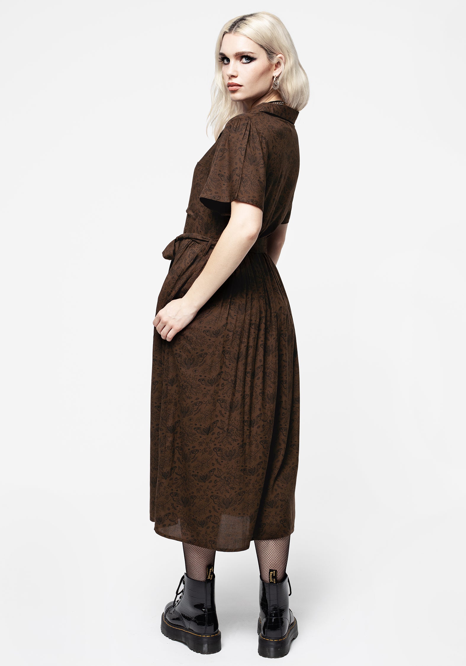 Brown Floral Midi Shirt Dress with Belt & Pockets | Rosamoth