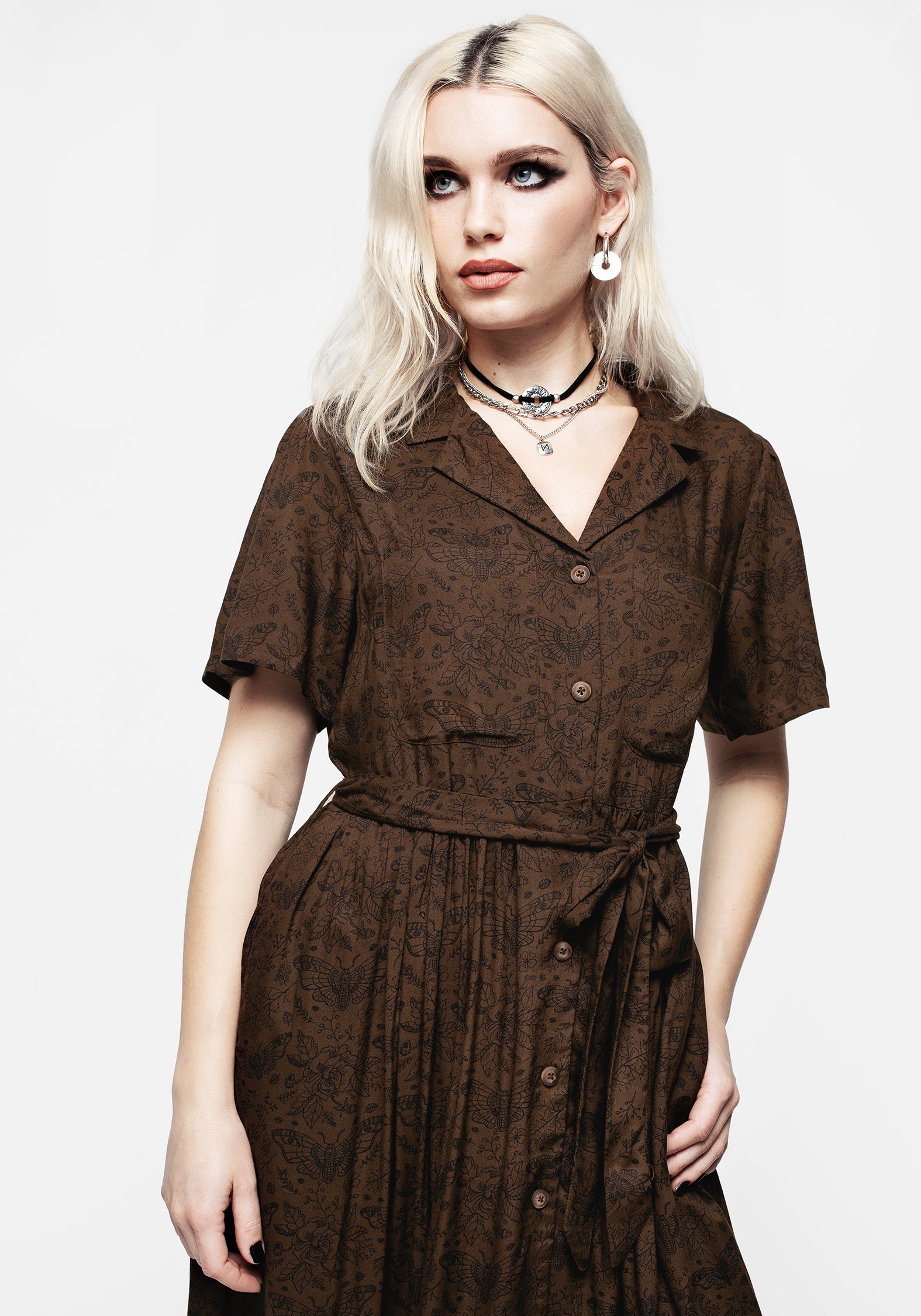 Brown Floral Midi Shirt Dress with Belt & Pockets | Rosamoth