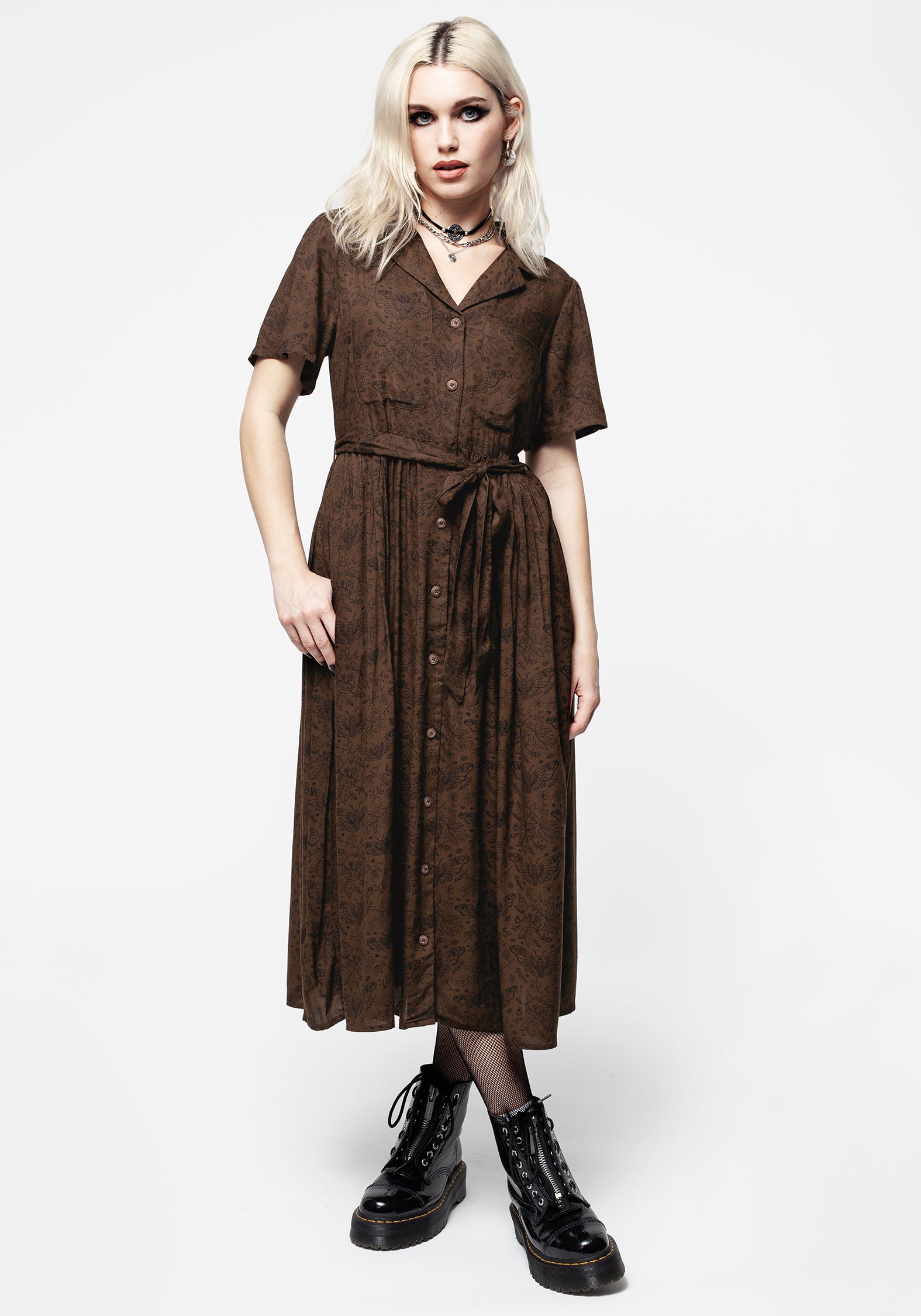 Brown Floral Midi Shirt Dress with Belt & Pockets | Rosamoth